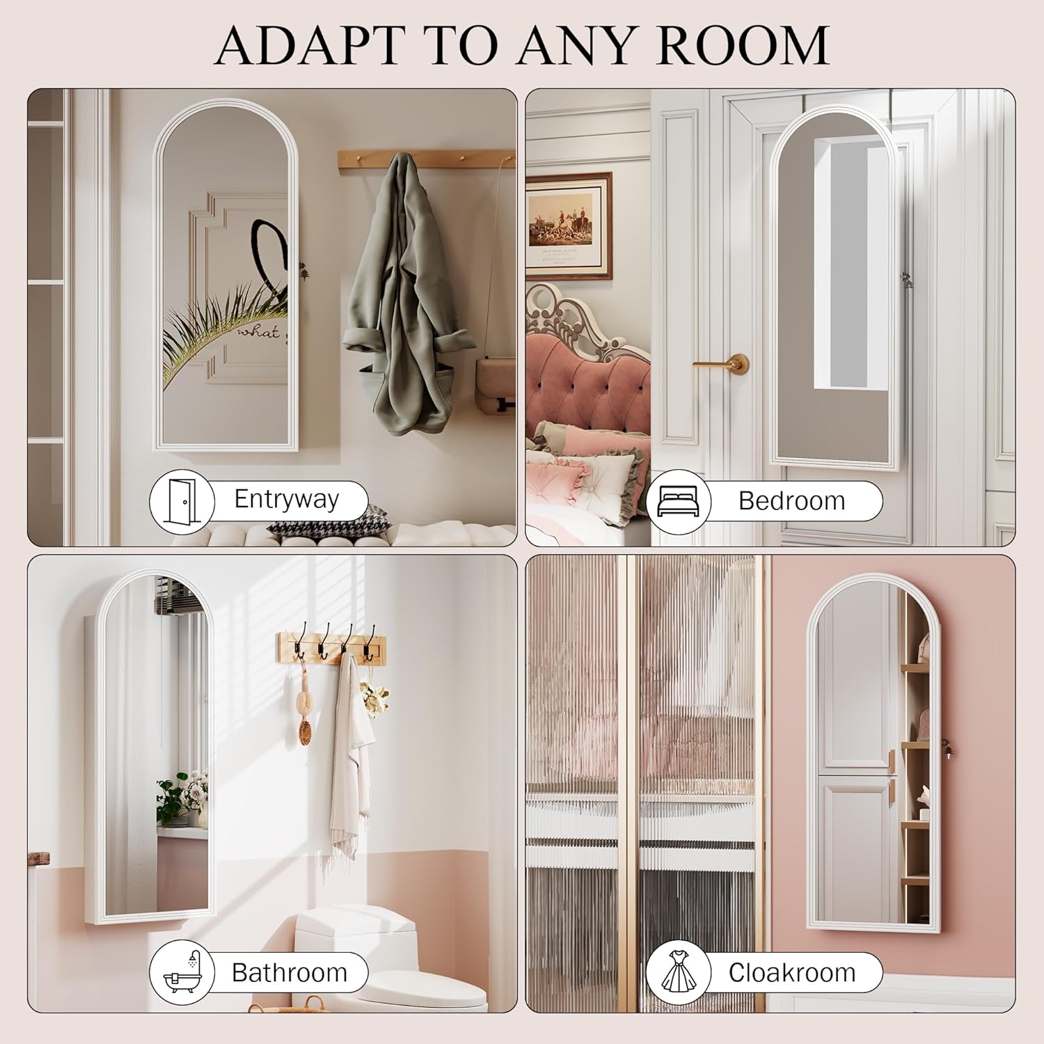 Lareth 47in Tall Jewelry Cabinet Organizer, Arched Wall or Door Mounted Jewelry Armoire with Full-Length Mirror, 6 LEDS Lockable Hanging Mirror Cabinet with Storage, 2 Drawers, Women Girls Gifts,White