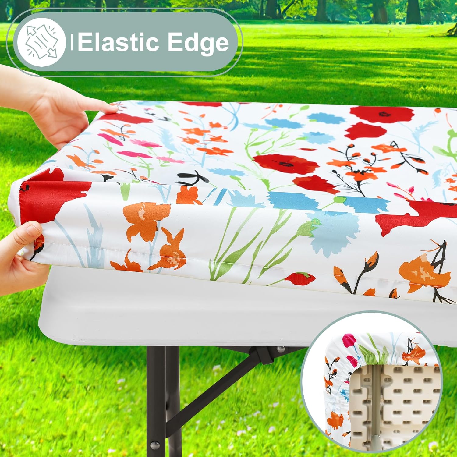 misaya Picnic Table Cover with Bench Cover, Waterproof Elastic Fitted Tablecloth for 6 Foot Tables, Rectangle Washable Polyester Fabric Tablecloths for Picnic, Camping, Outdoor (Flower, 30" x 72") - Image 3