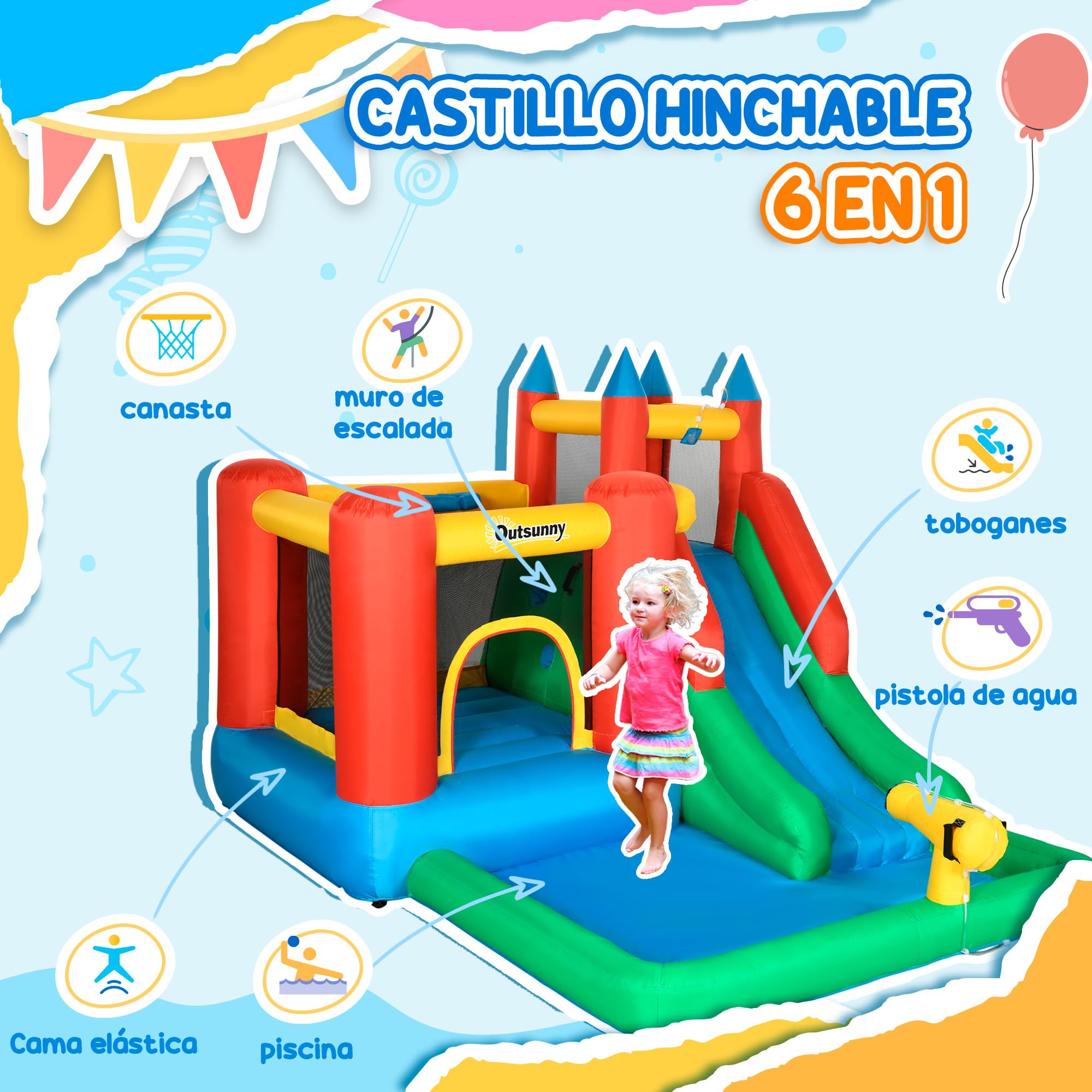 Outsunny Castillo Hinchable para Niños +3 Años 6 en 1 Castillo Inflable con Inflador Parque Acuático con Tobogán Zona de Salto Piscina y Bolsa de Transporte 330x245x215 cm Multicolor