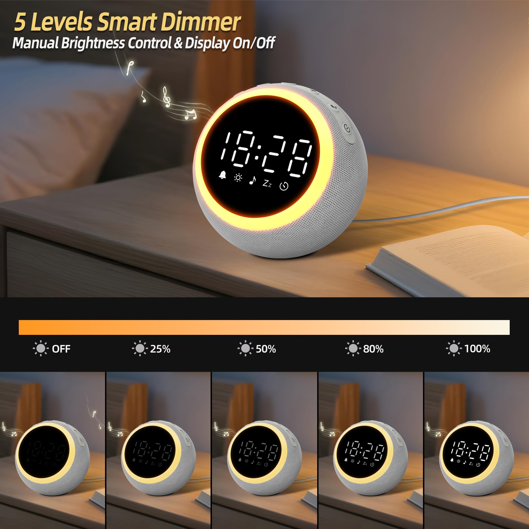 Smart Digital Wecker mit 25 Entspannungstönen, Nachtlicht, Schlummertaste, Timer & Einstellbarer Lautstärke/Helligkeit - Weißes Rauschen Schlafhilfe für Kinder, Mädchen, Erwachsene im Schlafzimmer