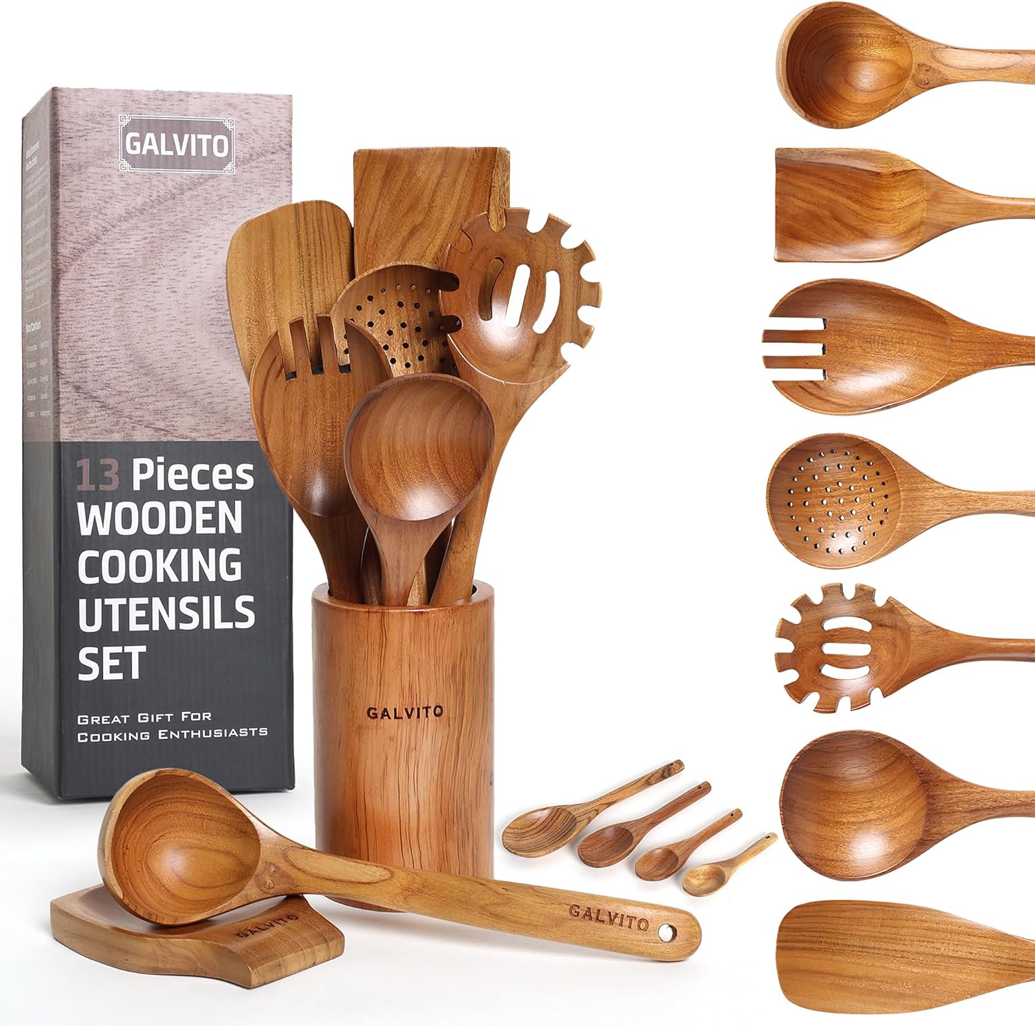 Galvito13-Piece Teak Wood Kitchen Utensil Set with Gift Box - Natural Wooden Spoons & Spatulas for Cooking - Nonstick Cookware Safe Kitchen Essentials - Includes Holder, Rest & 4 Measuring Spoons