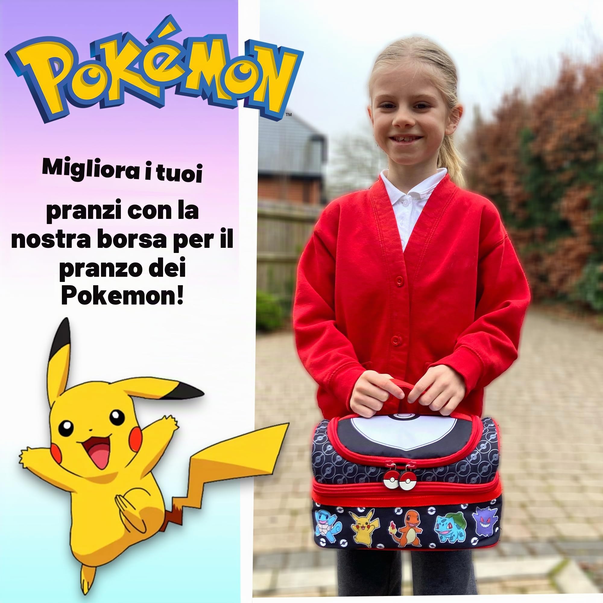 Pokémon Borsa portapranzo con molteplici scomparti per bambini, con isolamento termico a due strati, per bambini