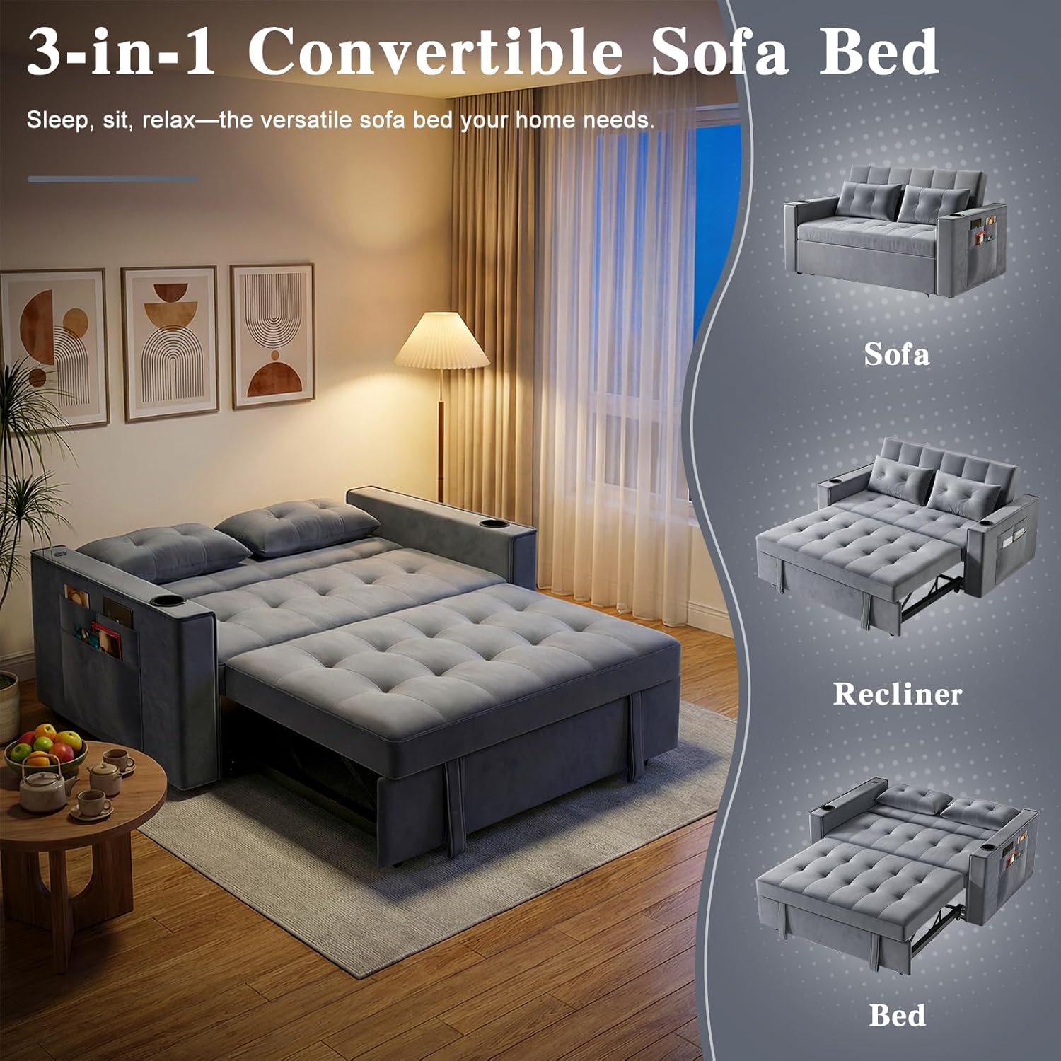 Convertible Sofa Bed,70" Sofa Bed Couch, Adjustable Backrest Pull Out Couch with Charging Station, Cup Holder, Pillow, Side Pocket,Folding Sleeper Loveseat