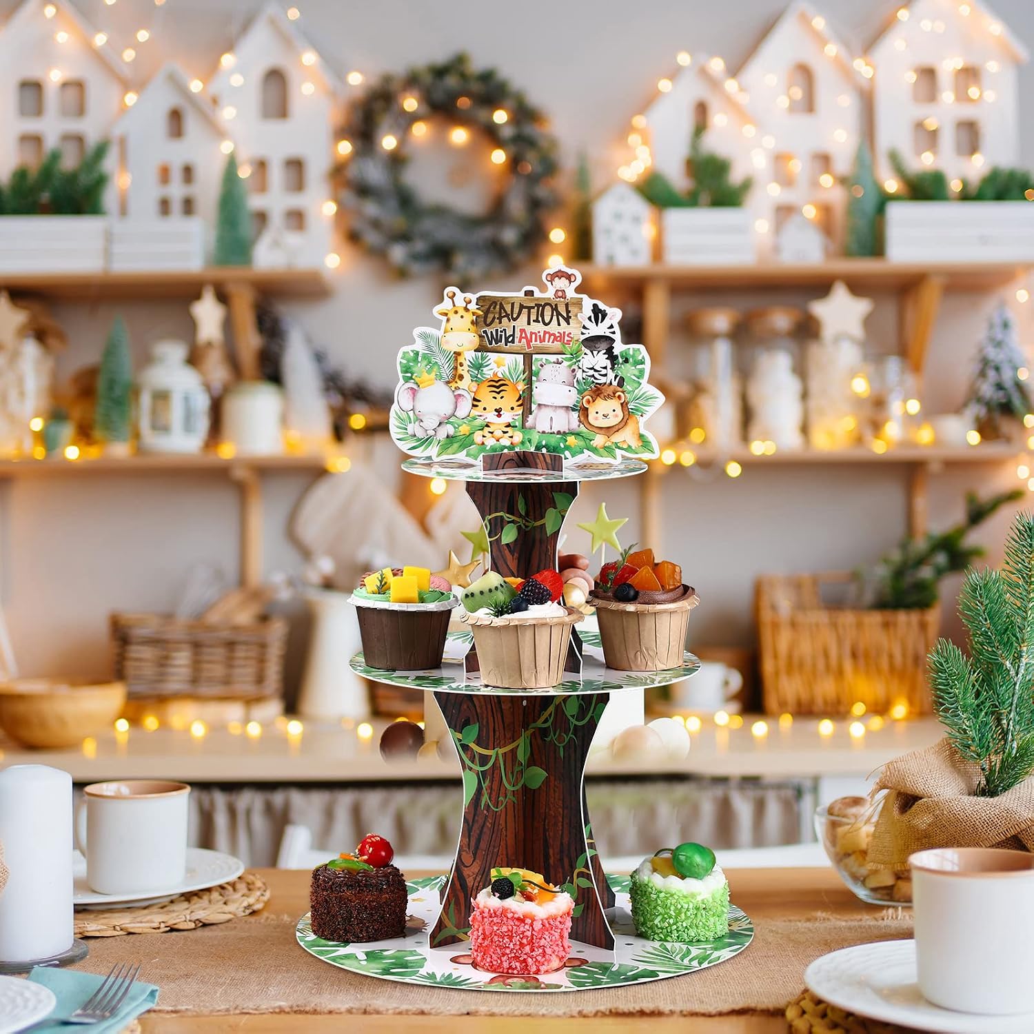 Nuenen Safari Cupcake Stand 3 Tier Jungle Theme Wild One 1st Birthday Decor