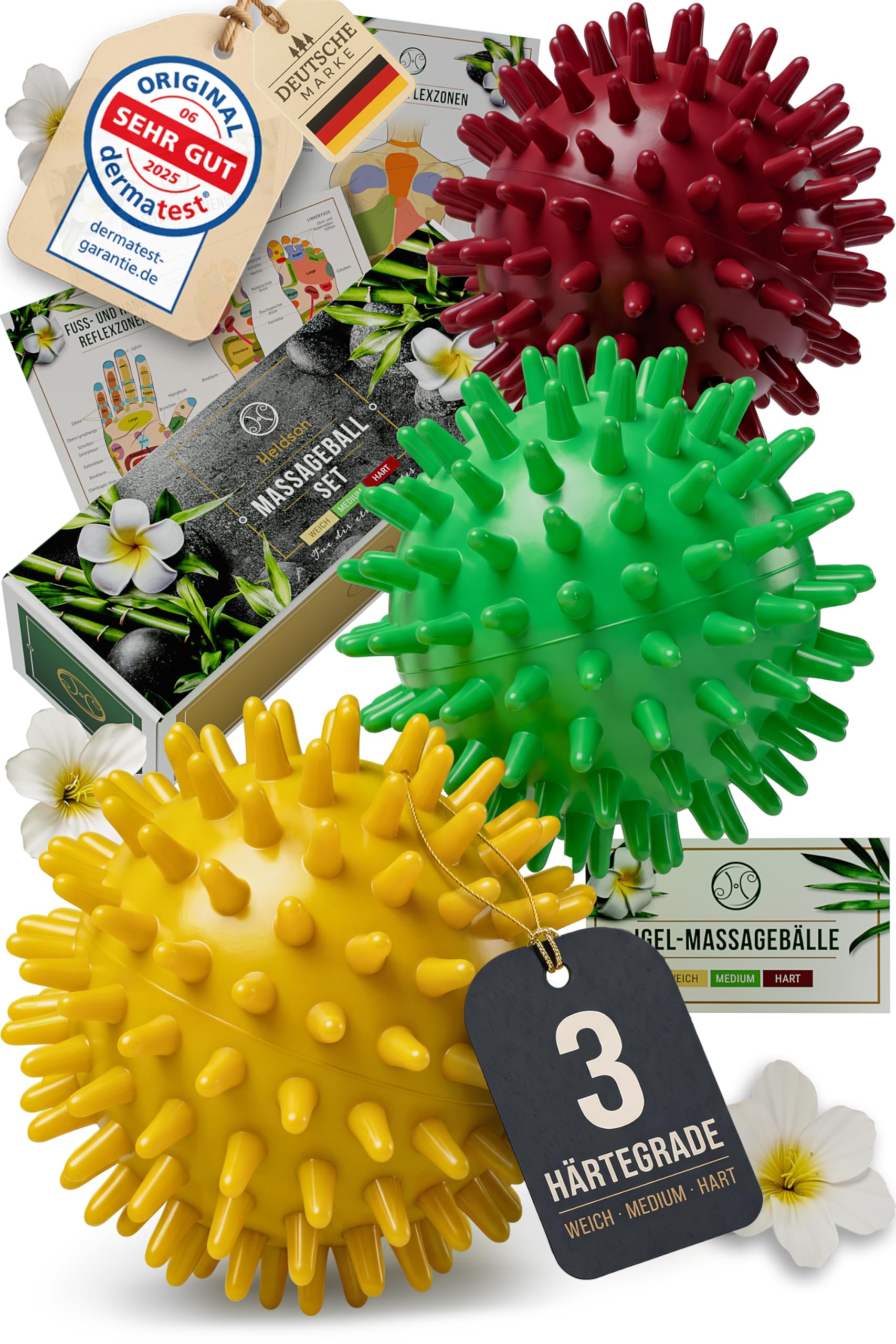 HELDSON Igelball Set – 3 Massagebälle mit Noppen, weich bis hart, Fuß, Hand | Noppenbälle zur Handmassage & Reflexzonen Stimulation – auch für Waden, Rücken und Schultern, im Büro oder nach dem Sport