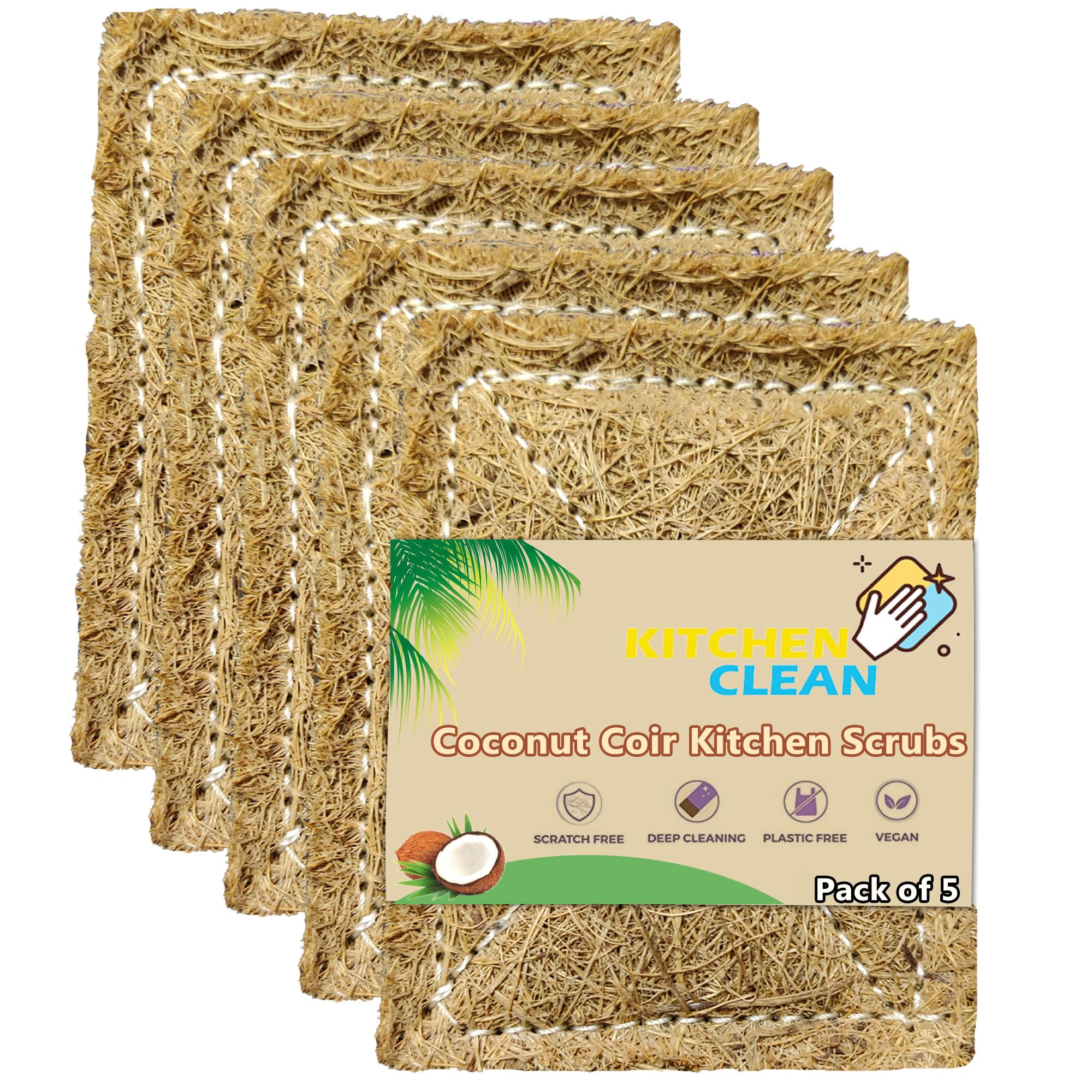 5 Pcs Large Coconut Coir Juna Scrub | Stitched Coconut Juna Natural | Eco-Friendly Dish wash Scrubber | Nariyal Scrub Natural Juna (Brown, Large 4x6 inch, Pack of 5 Pcs)