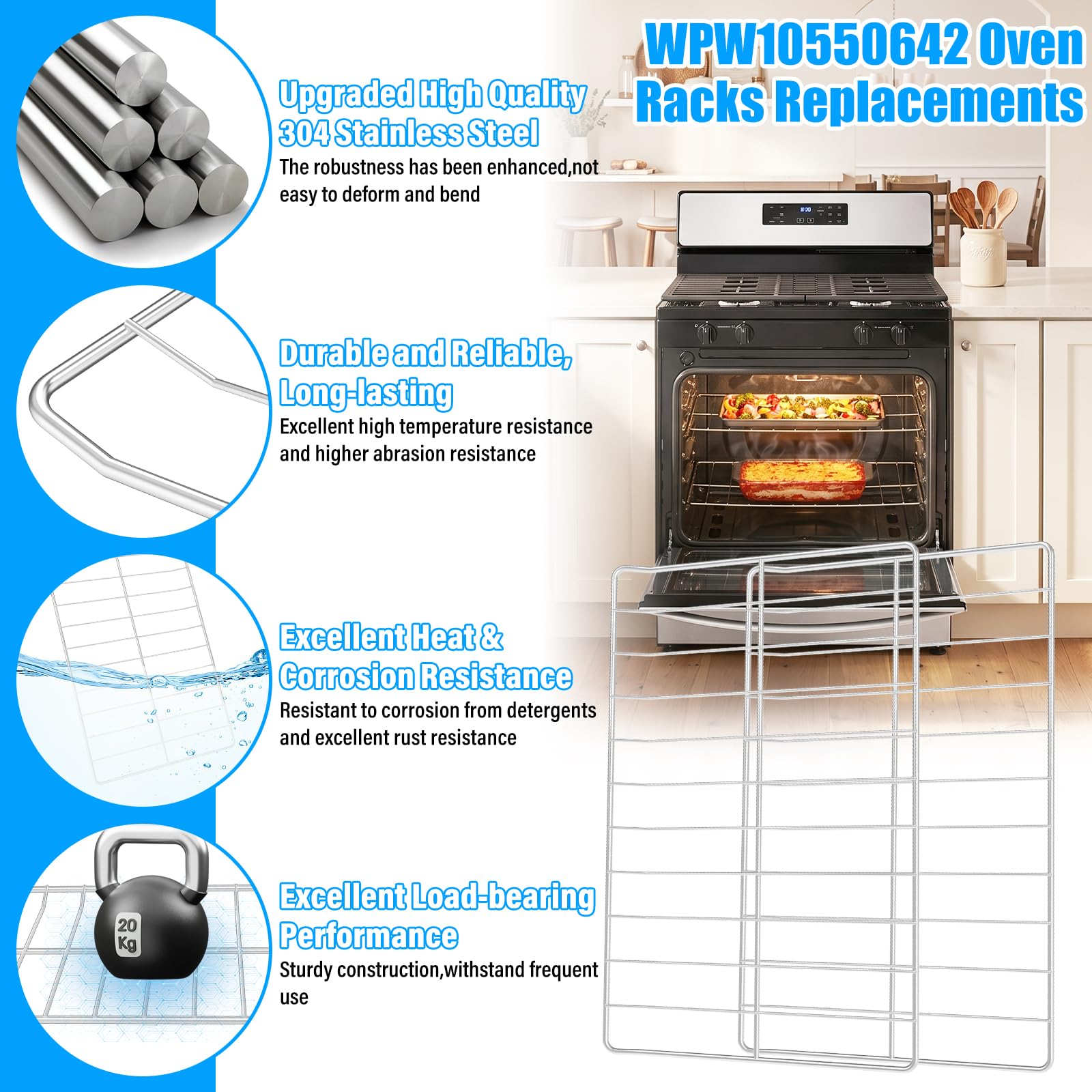 Aggiornato WPW10550642 Griglia di ricambio per forno compatibile con griglia per forno Whirlpool W10550642 Griglia per forno Gamma a gas Scaffale per rack WFG505M0MS WFG32000MS WFG32000MS, acciaio