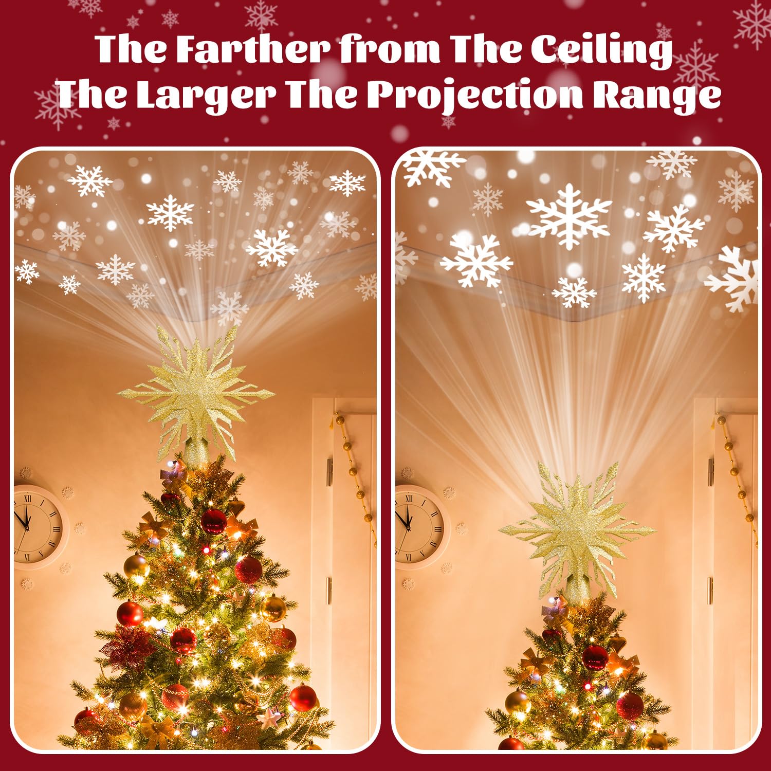 Christmas Star Tree Topper Lighted with Led Snowflake Projection, Christmas Tree Topper Star with Built-in LED Rotating 3D Projector Lights, Christmas Decoration for Family Office Indoor (Gold)