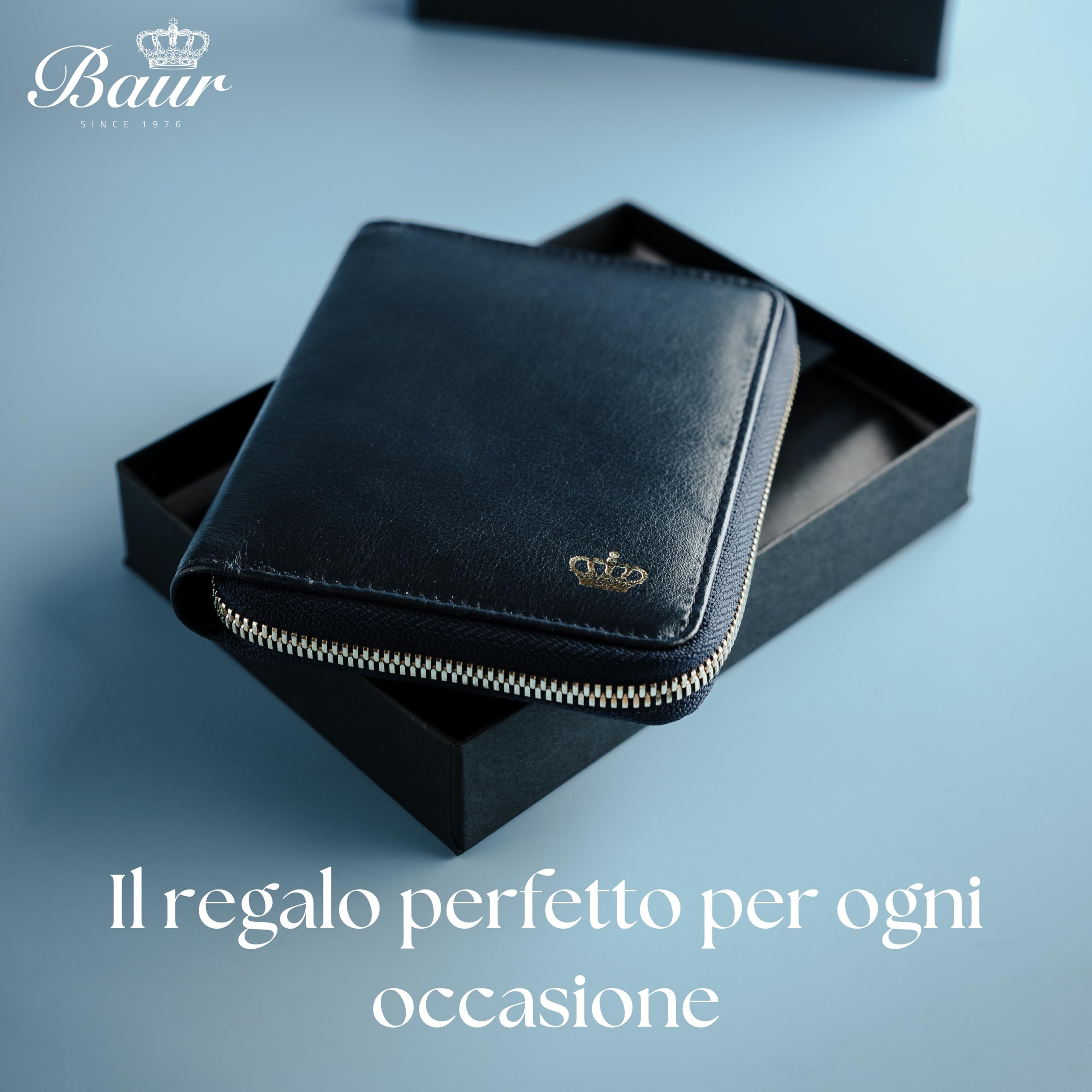 Baur portafoglio da donna – vera pelle nappa con protezione RFID – portamonete con molti scomparti carte e scomparto monete con bottone – cerniera metallica perimetrale (Cerniera oro, Blu scuro)