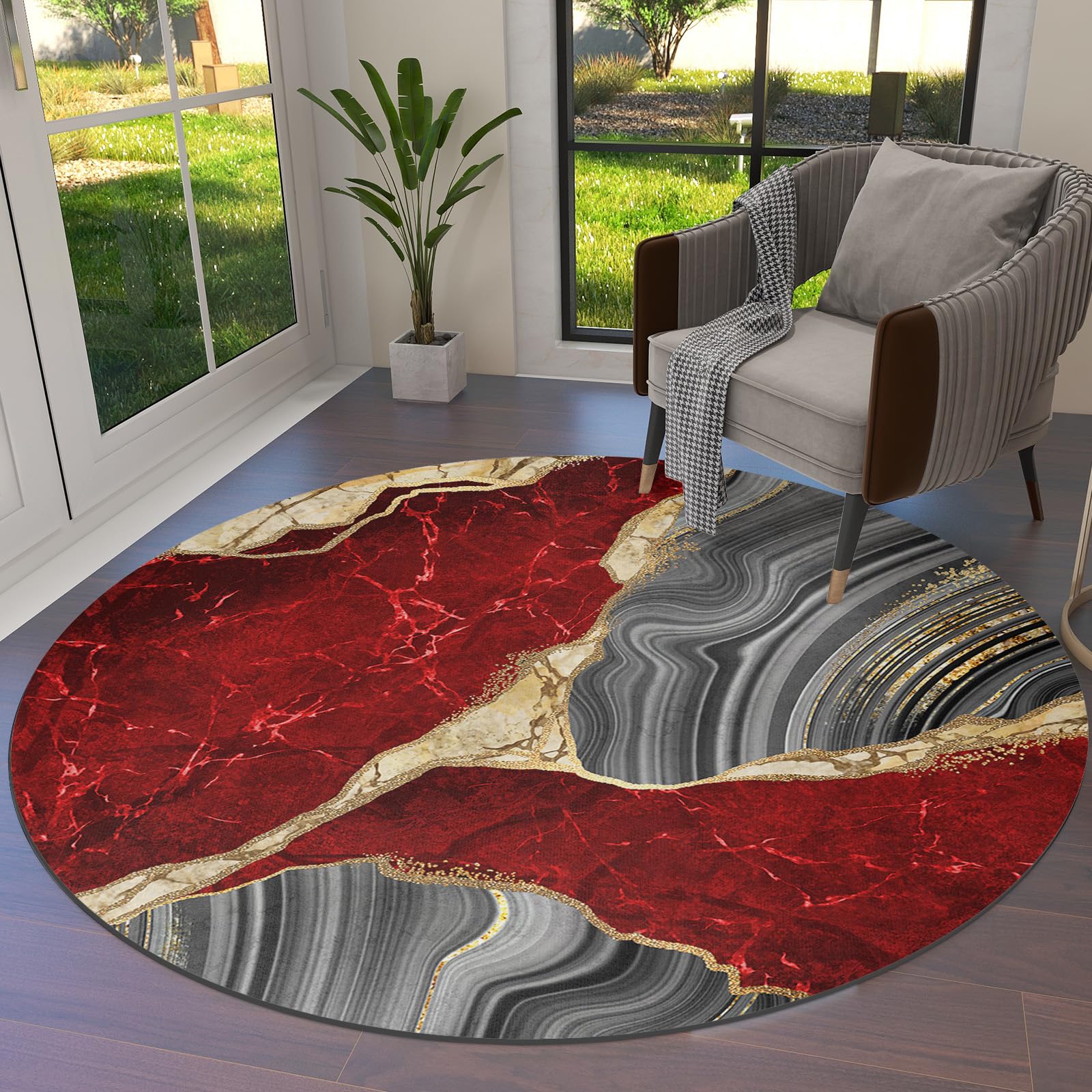 Marble Red Round Area Rugs Collection 5', Non Slip Indoor Circular Throw Runner Rug Floor Mat Carpet for Living Room Dining Table Bedroom Nursery Decor Modern Abstract Minimalist Grey Gold