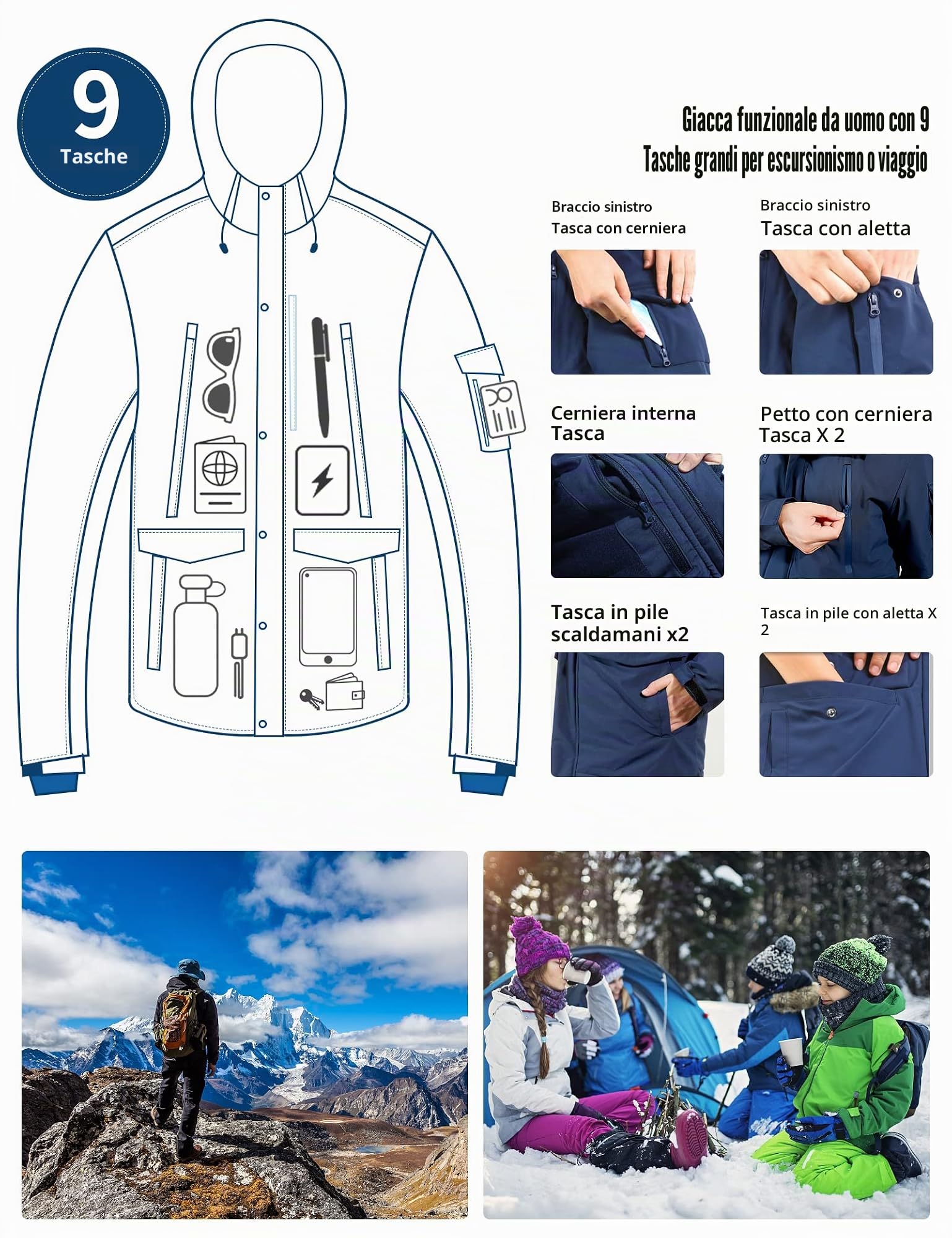 Pioneer Camp Giacca invernale da uomo, impermeabile, calda foderata in pile, antivento, parka da uomo, con 9 tasche, con cappuccio (S-XXL)