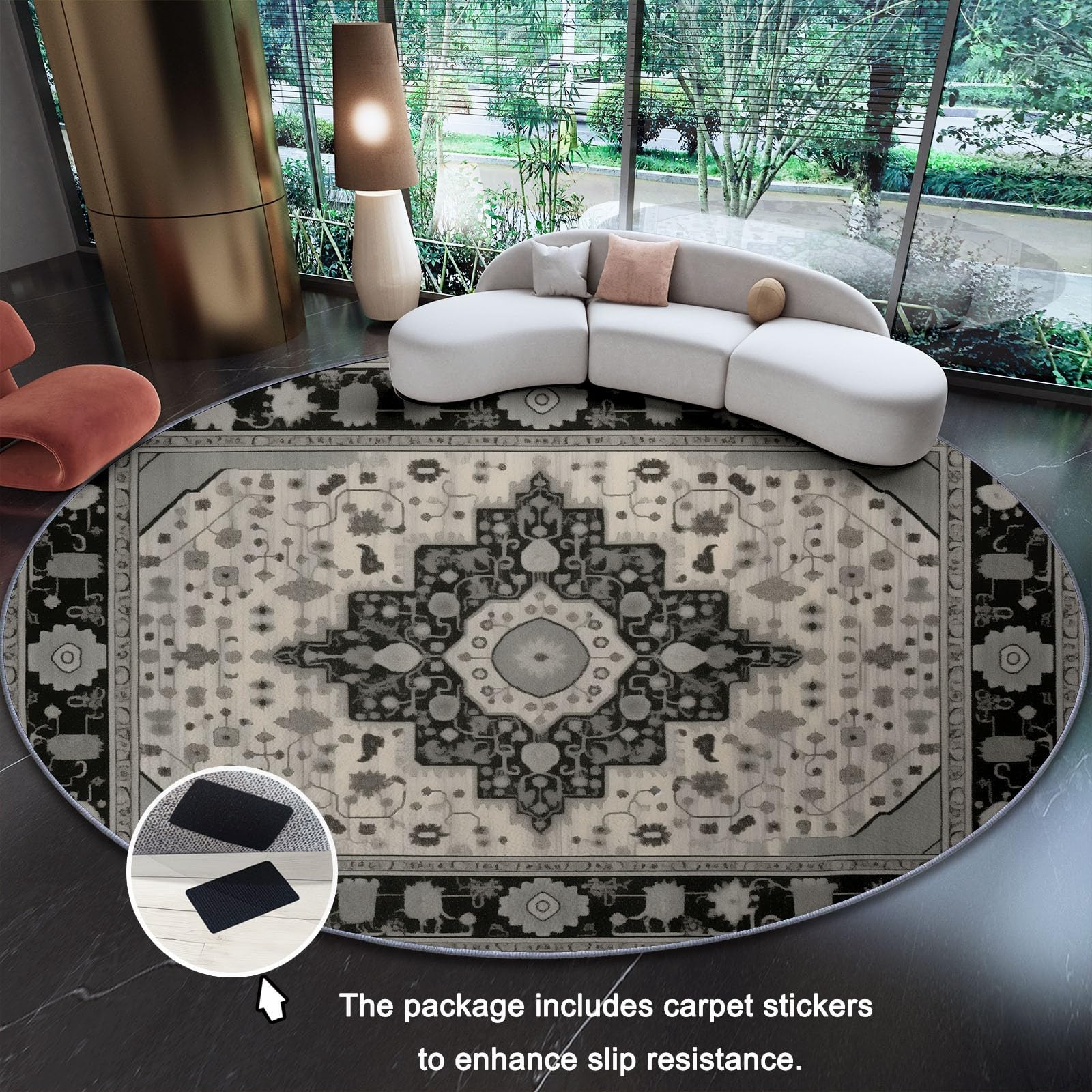 Tappeto rotondo soggiorno 100 cm (Round) soffice morbido Motivo in stile persiano retrò antiscivolo lavabile in lavatrice Tappeto, per camera da letto bagno corridoio Cucina Nero Beige