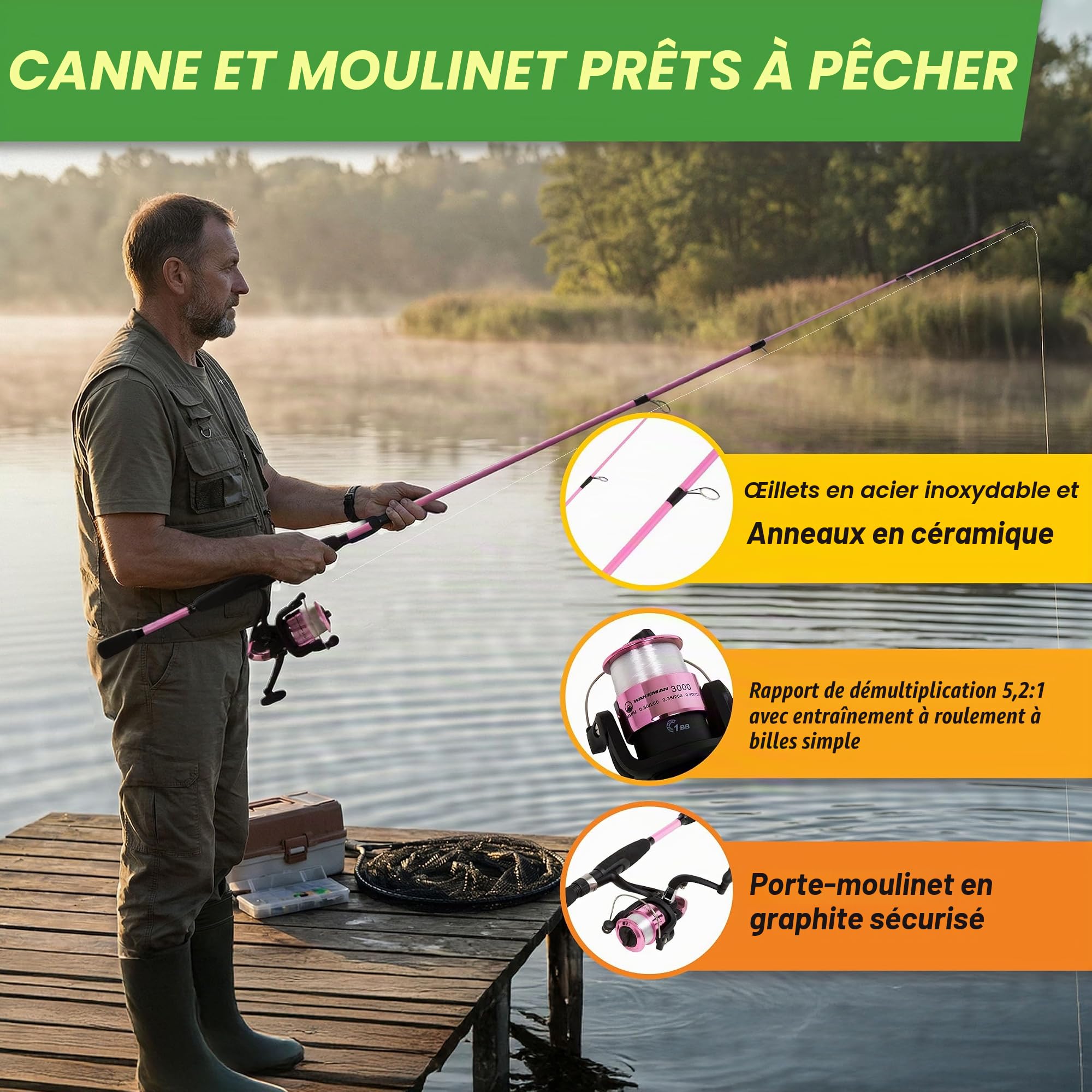 Wakeman Ensemble Canne à pêche et Moulinet - 2 pièces Strike Series - Action Moyenne - Moulinet de pêche de 198 cm - Équipement de pêche pour Bar et Truite