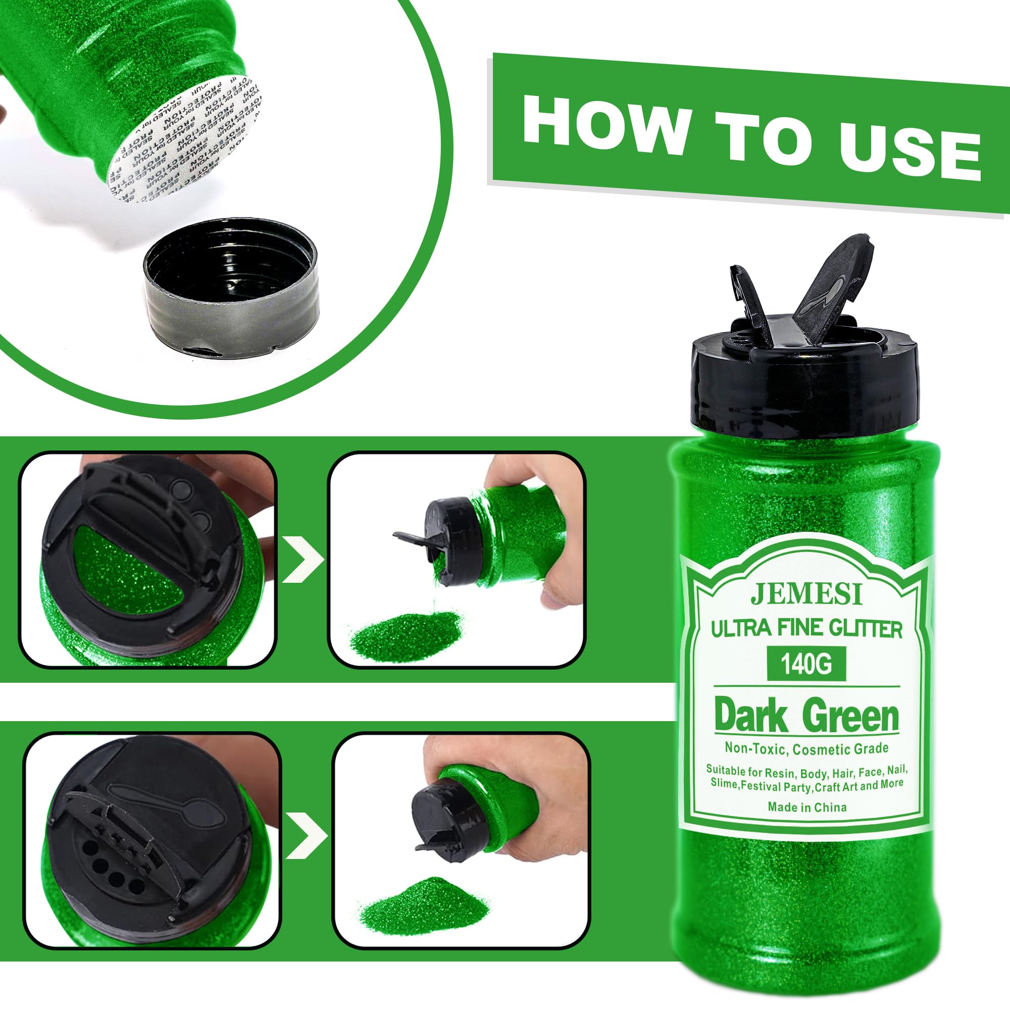 Glitter Olografici Ultrafini, Glitter Di Bellezza, Verde scuro140g, Adatti Per Capelli, Viso, Corpo, Unghie e Trucco Natalizio. Adatti Anche Per Resina Epossidica, Vetro e Lavori Artigianali.