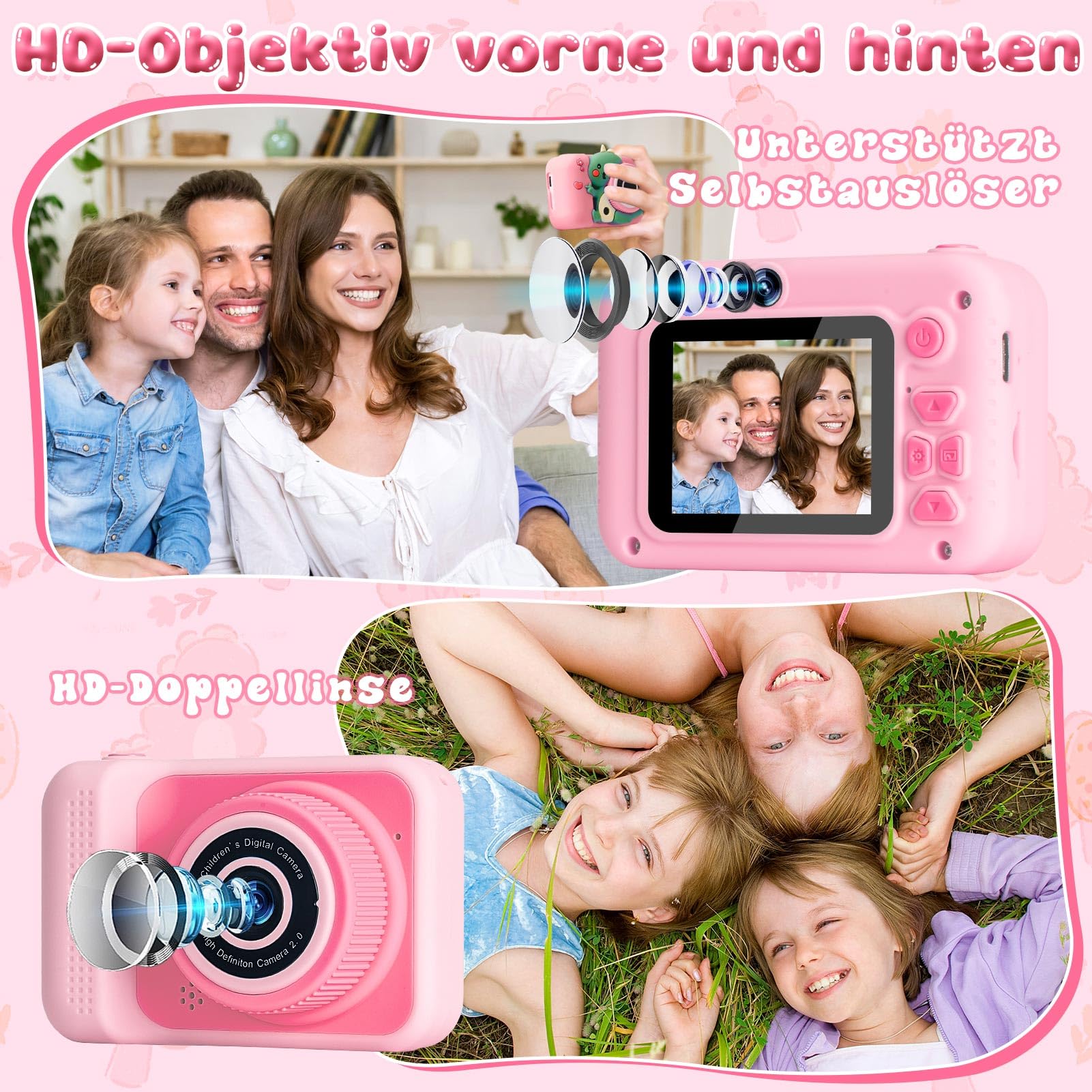 MILFECH 1080P HD 2,0-Zoll-Bildschirm Digitalkamera Kinder mit Selfie Video Kamera 32GB-Karte für 3-12 Jahre Jungen Mädchen Spielzeug Dinosaurier Fotoapparat Rosa