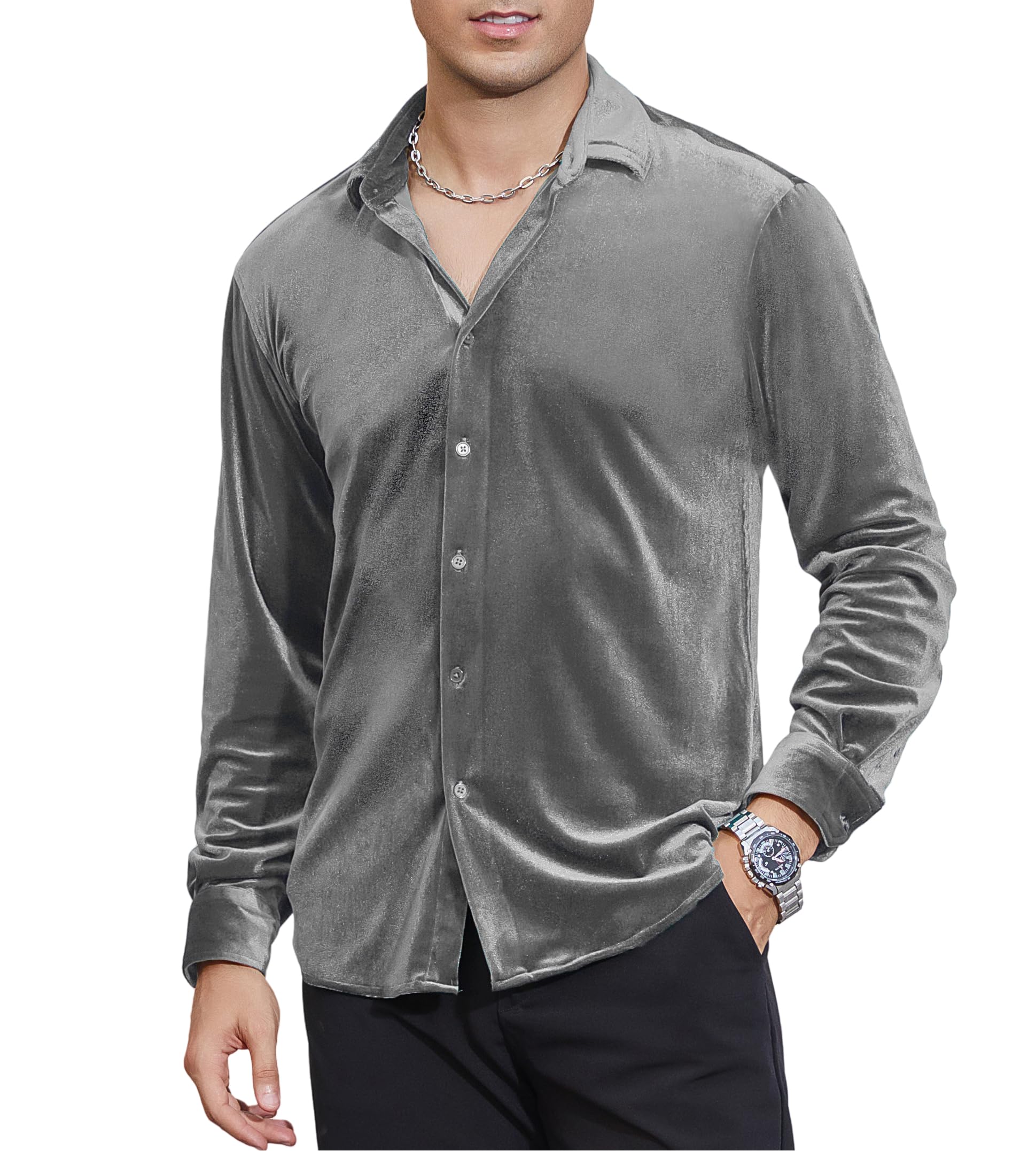 Alex Vando Mens Velvet Shirts Regular Fit Long Sleeve Soft Stretch Casual Button Down Shirt