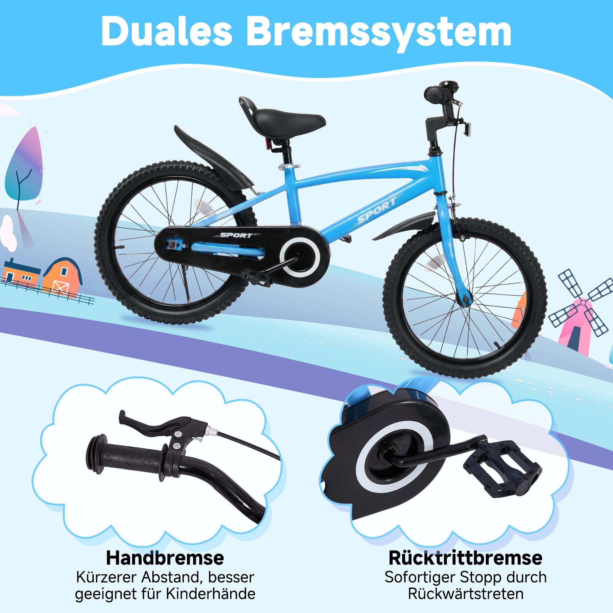 BODIOO Kinderfahrrad 18 Zoll Kinderrad für Jungen und Mädchen mit verstellbarem Sitz, Stützrädern, Handbremse, Rücktrittbremse und stabilem Rahmen für Fahrer von 114-137 cm (Blau)