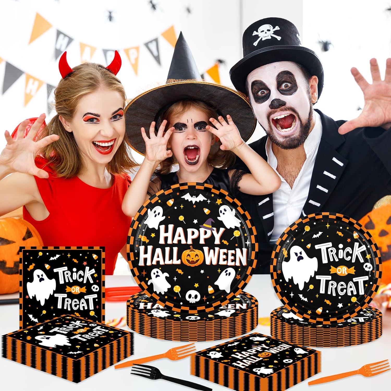 200Pcs Halloween Tableware,Happy Halloween Plates and Napkins,Forks