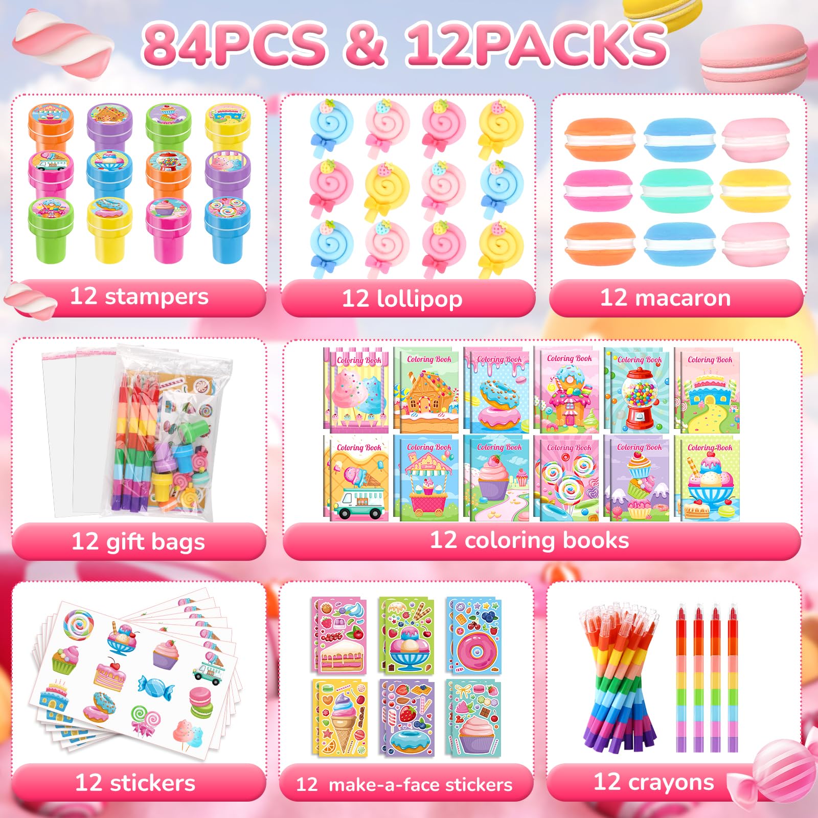 BenLouis 84Pcs Candyland Party Favors Ice Cream Donut Coloring Book Crayon Stickers Set Bulk for Kids Cupcake Lollipop Sweet Treats Birthday Gift Bag Desserts Pinata Filler Classroom Reward Crafts