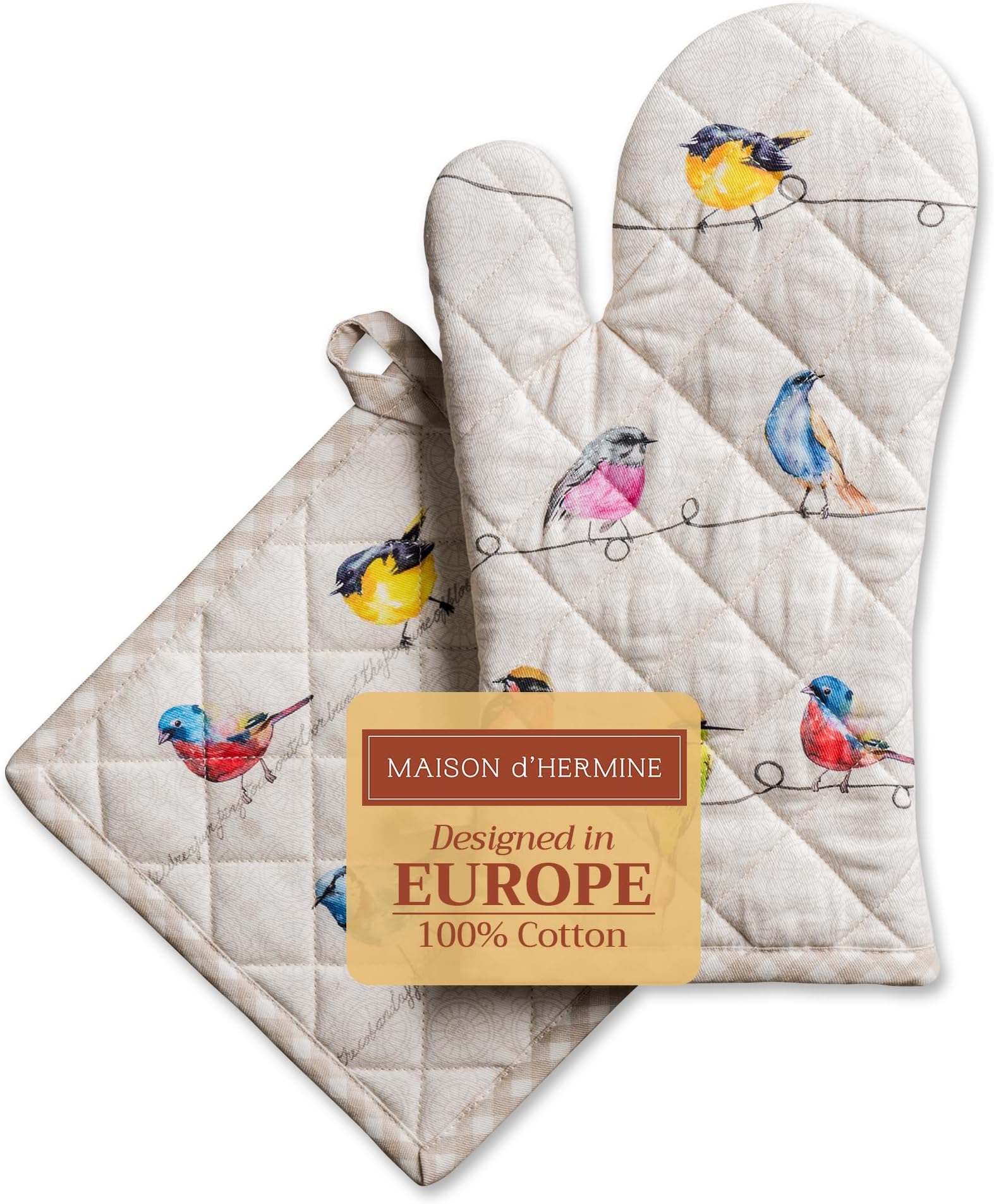 100% Cotton Oven Mitt & Pot Holder Set (7.5"x13" & 8"x8") Heat Resistant Cooking Gloves with Loop Baking Grilling Kitchen Easter Decorations Spring/Summer (Birdies on Wire)