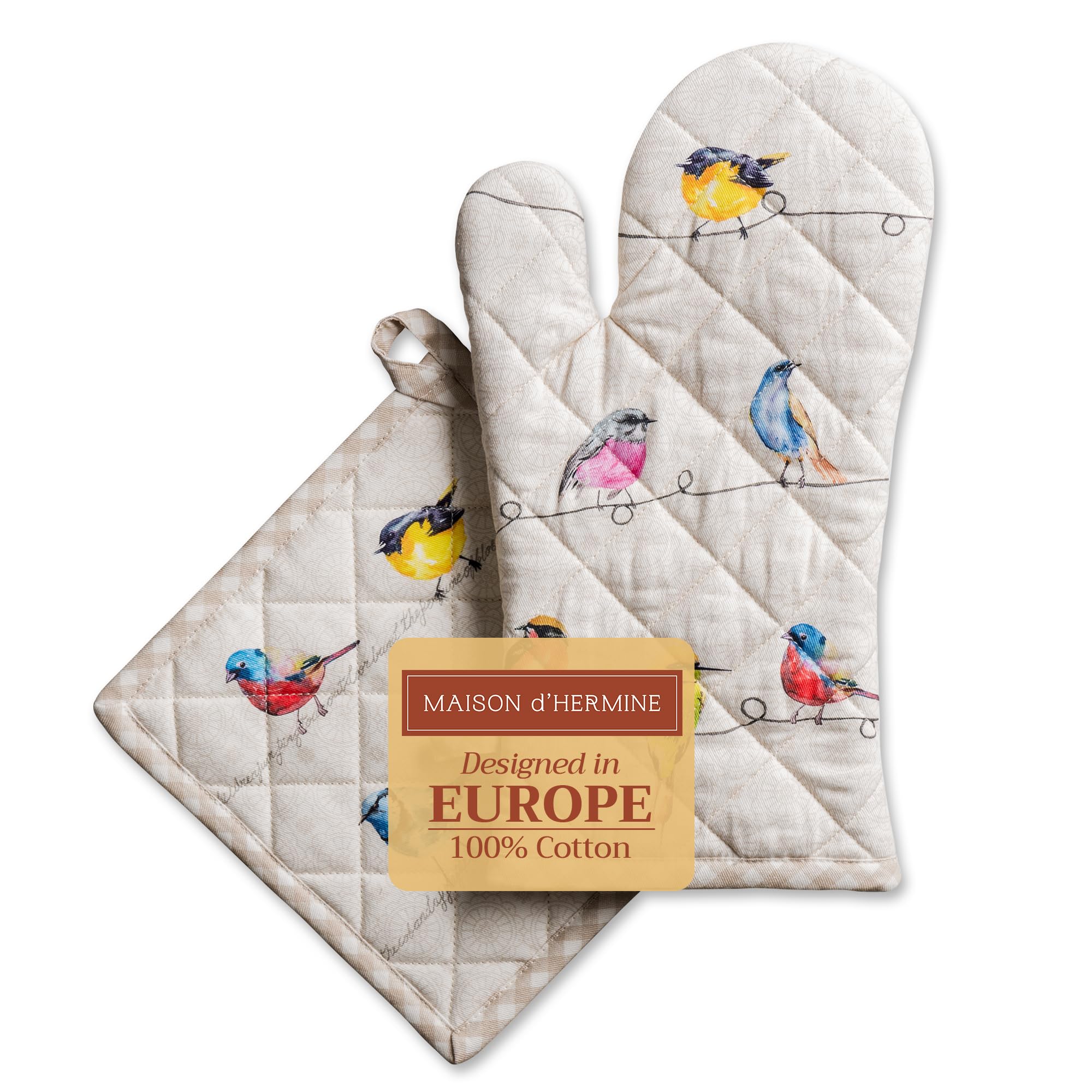Maison d' Hermine 100% Cotton Oven Mitt & Pot Holder Set (7.5"x13" & 8"x8") Heat Resistant BBQ Cooking Gloves with Loop, Baking, Grilling, Kitchen, Handling Hot Pans Spring/Summer (Birdies On Wire)