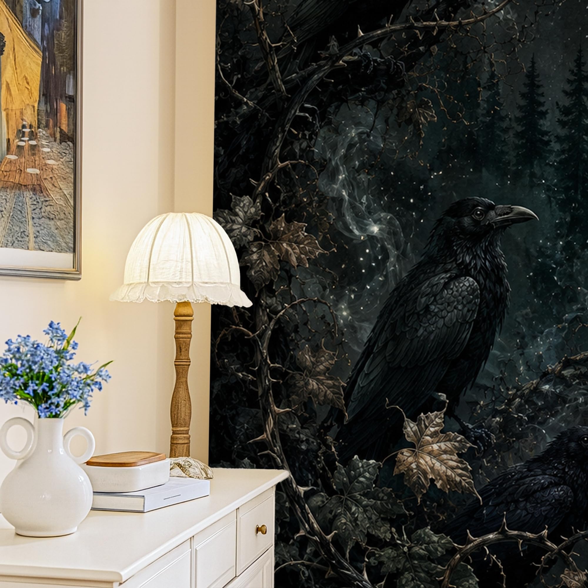 Rideaux occultants corbeaux et arbres mystiques noir automne 132x213 cm
