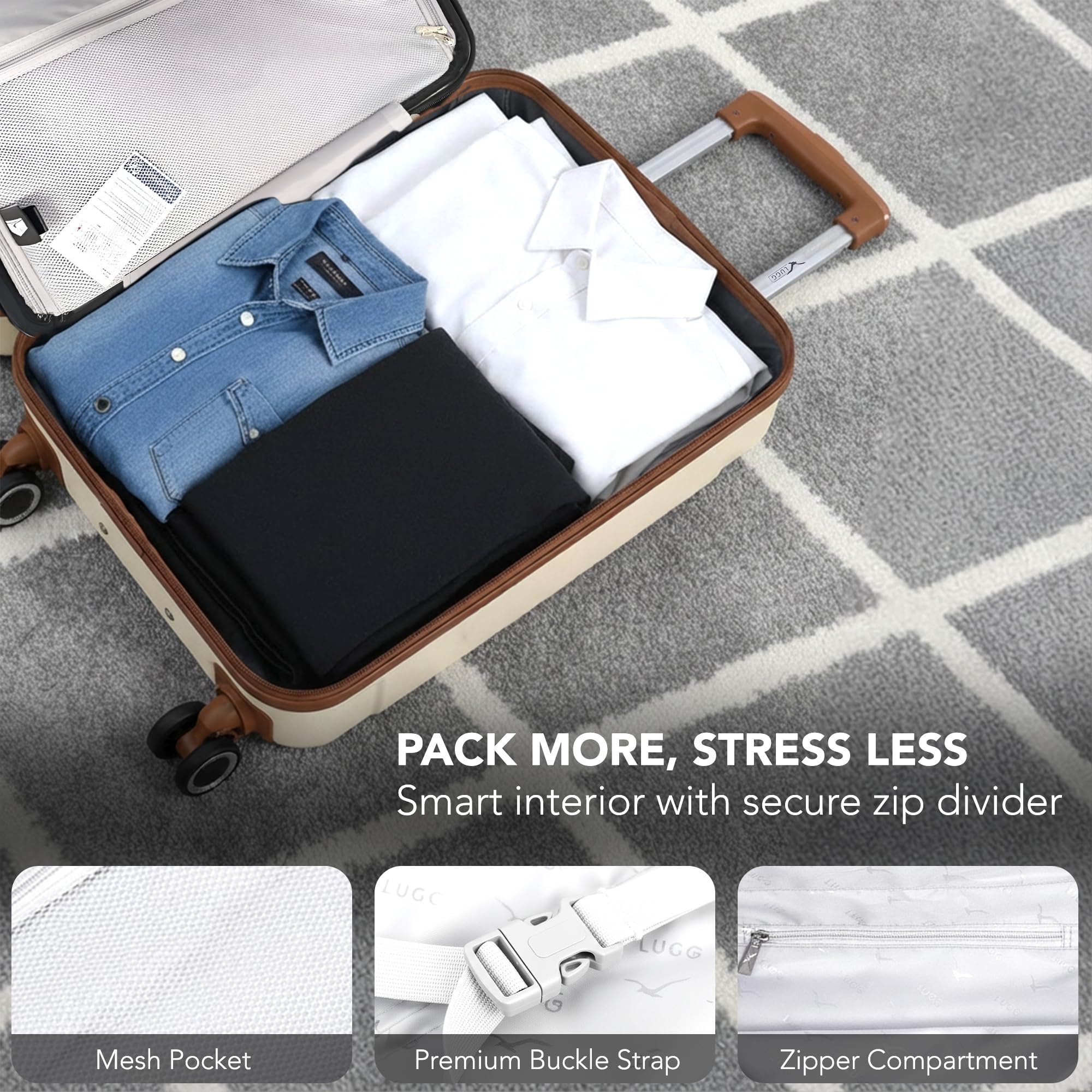 LUGG - Jetset 40cm Suitcase - 40x30x20cm- Ryanair Compatible - Underseat Size - Hard Shell ABS - Spinner & Removable Wheels - Lightweight Travel Luggage- Cream/Brown — view 8