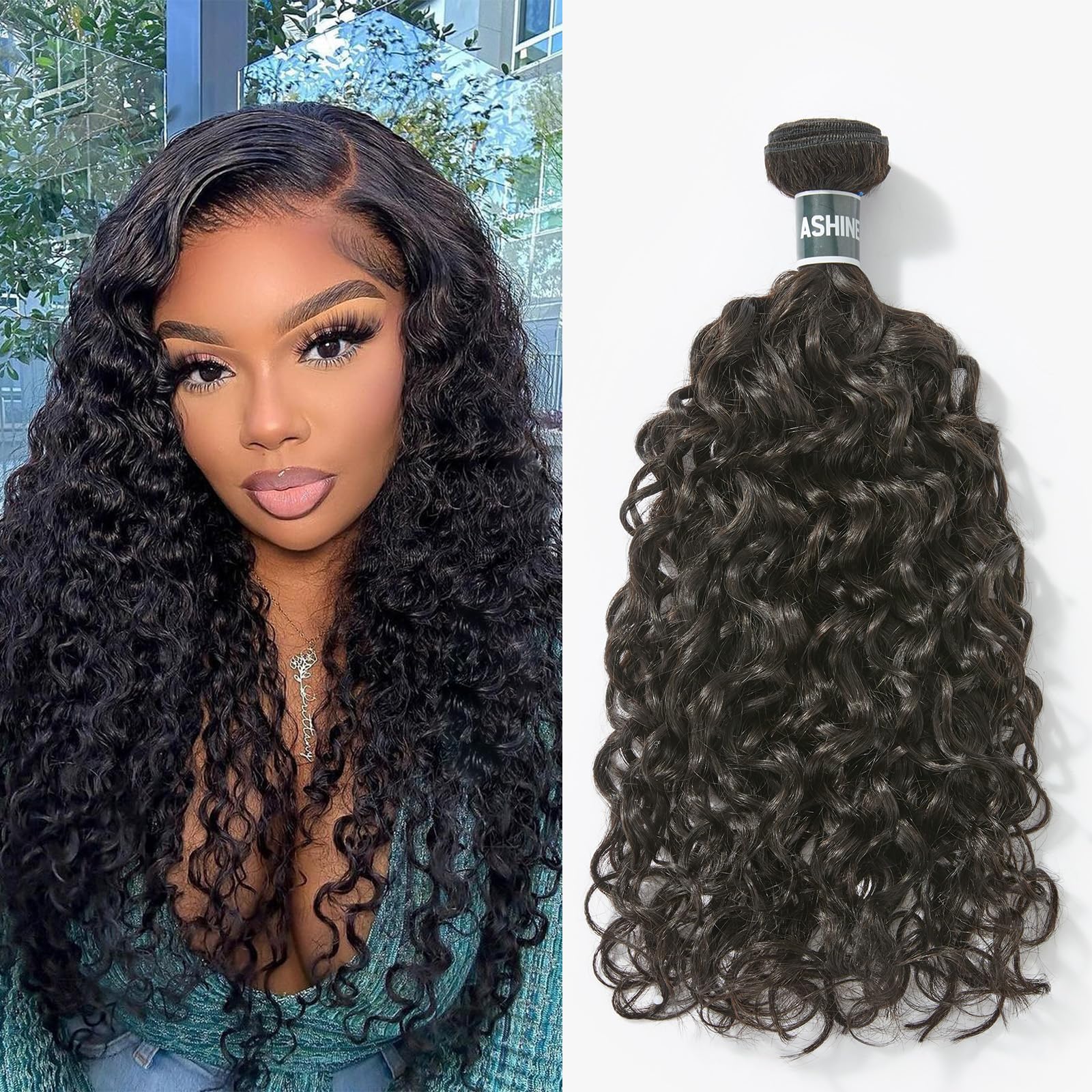 ASHINE Human Hair Bundle Deep Curly Water Wave, Unprocessed Cambodian Raw Hair 16 Inch, Flip Over Quick Weave Wet and Wave Bundles for Women Natural