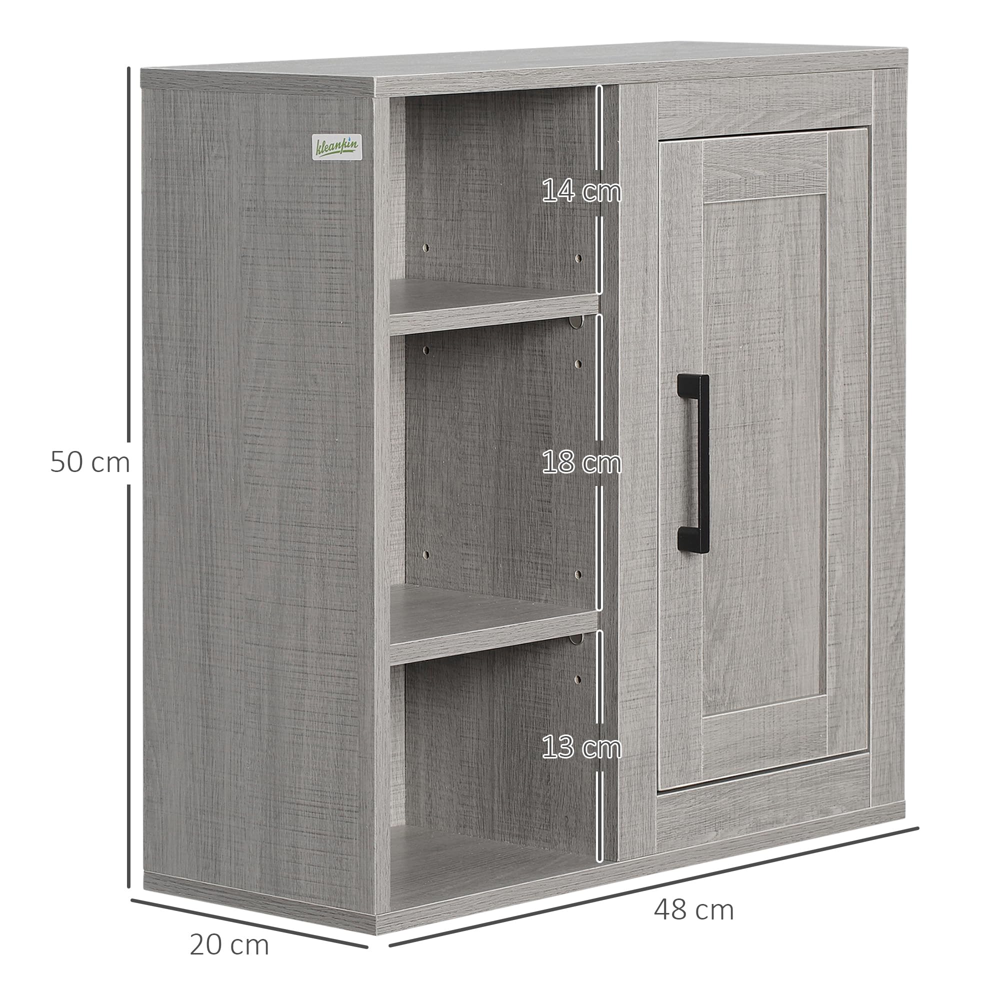 kleankin Meuble Mural Meuble de Rangement Suspendu Armoire Murale pour Salle de Bains Placard de Rangement Armoire de Toilette avec étagères et Une Porte - 48 x 20 x 50 cm - Gris