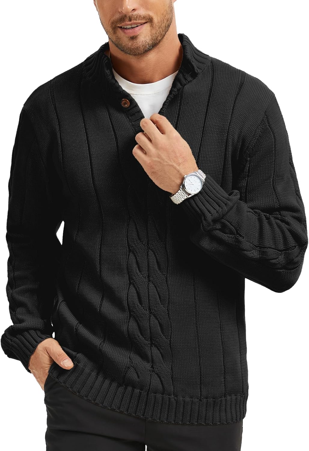 Men's Henley Neck Cable-Knit Sweater Fashion Casual Plain Pullover with Button Closure