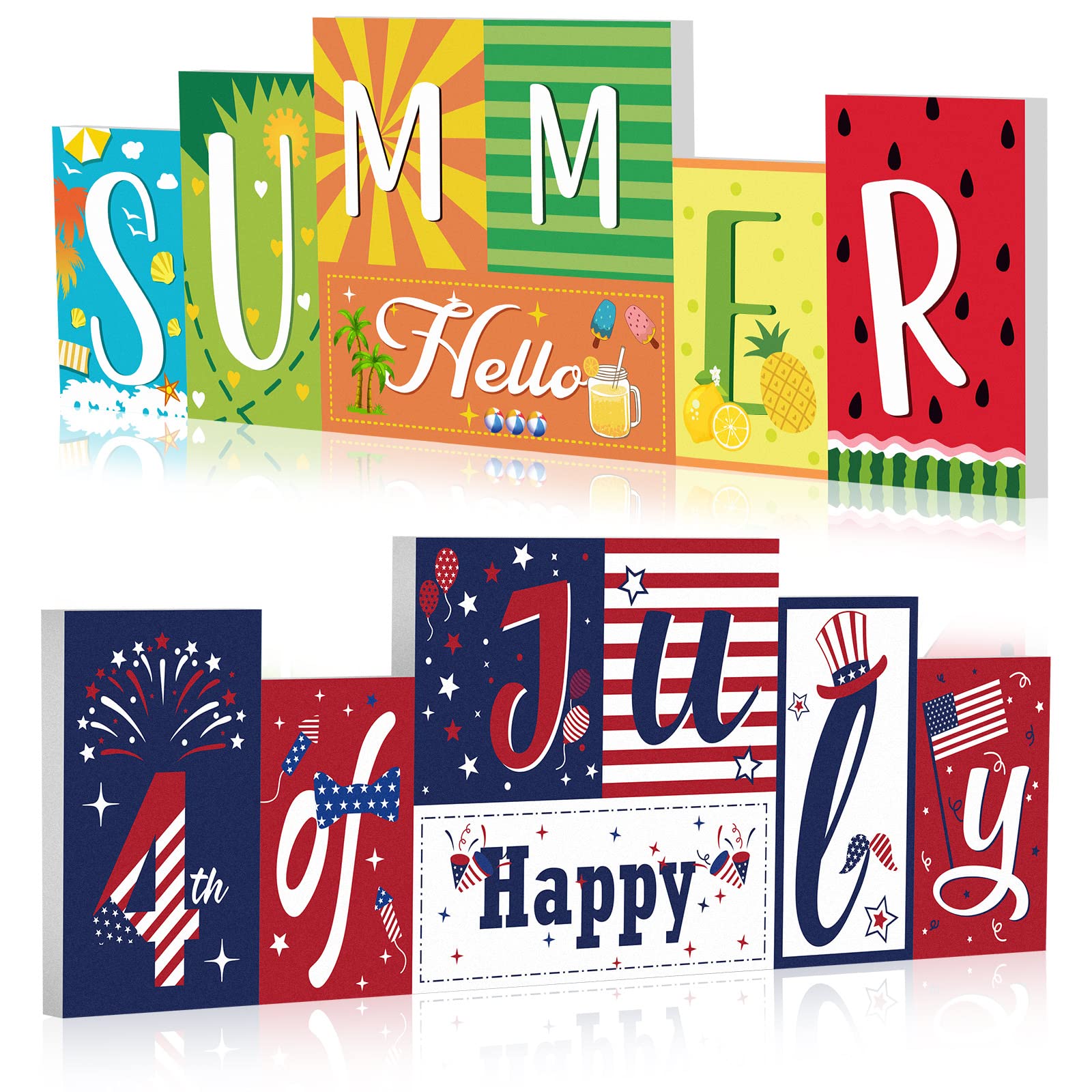 Summer Wooden Table Decor Double Sided Hello Summer and Happy 4th of July Sign Block Memorial Day Patriotic Decor for Office Home Indoor Shelf Centerpiece