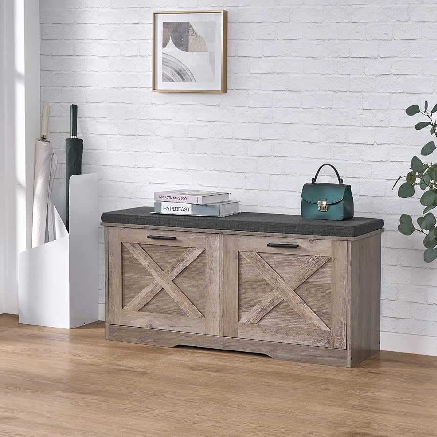 家具 cabinet bench Shoe Bench with Storage Cabinets, Entryway Bench w/ Cushion