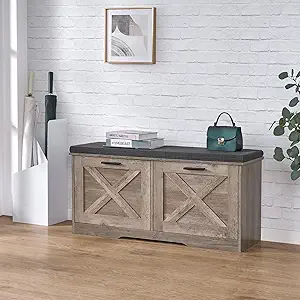 Shoe Storage Bench with 2 Flip Drawers, Entryway Bench with Padded Seat Cushion, Shoe Cabinet with 2 Barn Doors, 11.8" D x 39.4" W x 18.4" H, for Entryway, Living Room, Bedroom, Greige