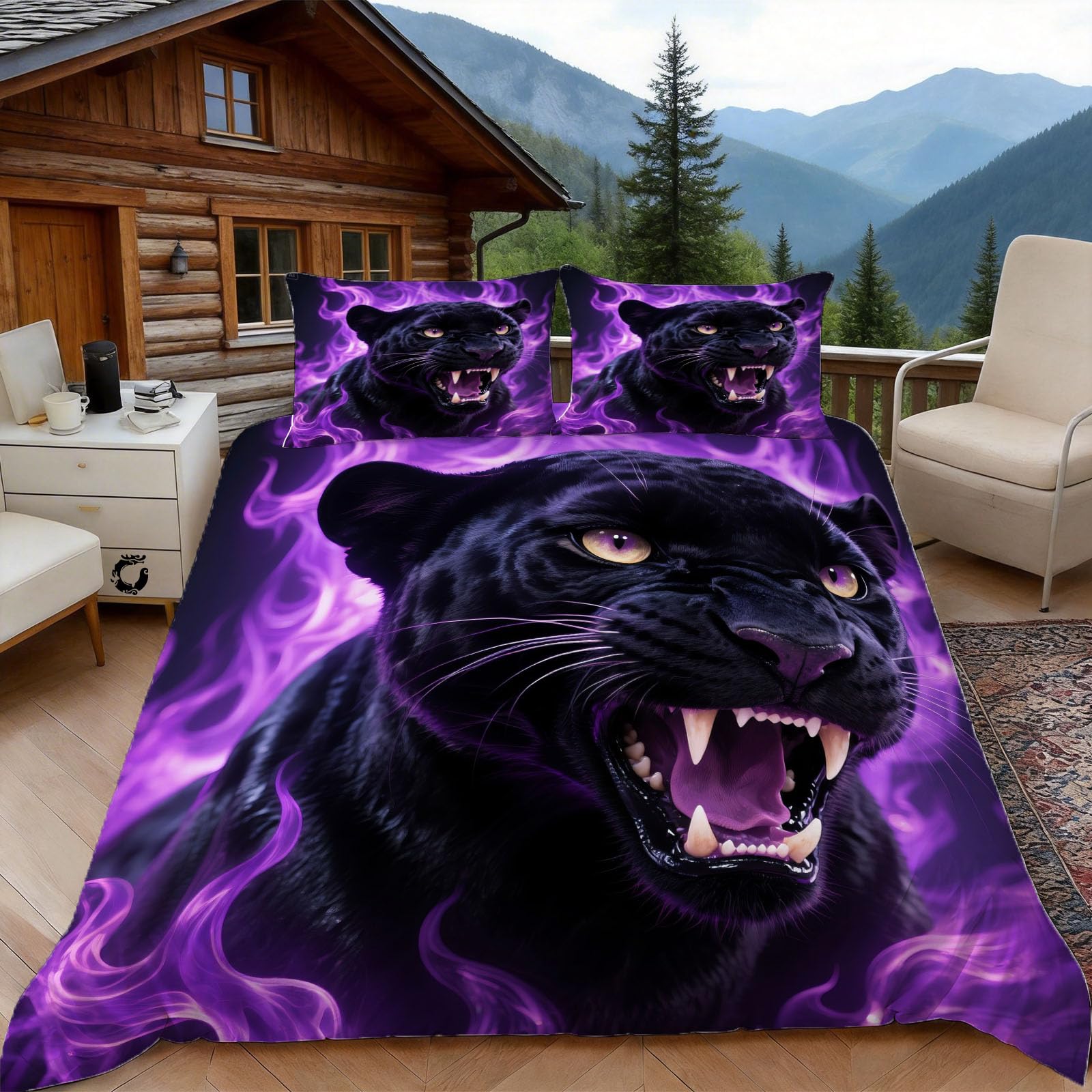 3D Double Duvet Set 3D Printed Black Panther Bedding, Mysterious Animal Soft Microfibre Duvet Cover Sets Quilt Cover and Pillow Set with Zipper 3 Pcs