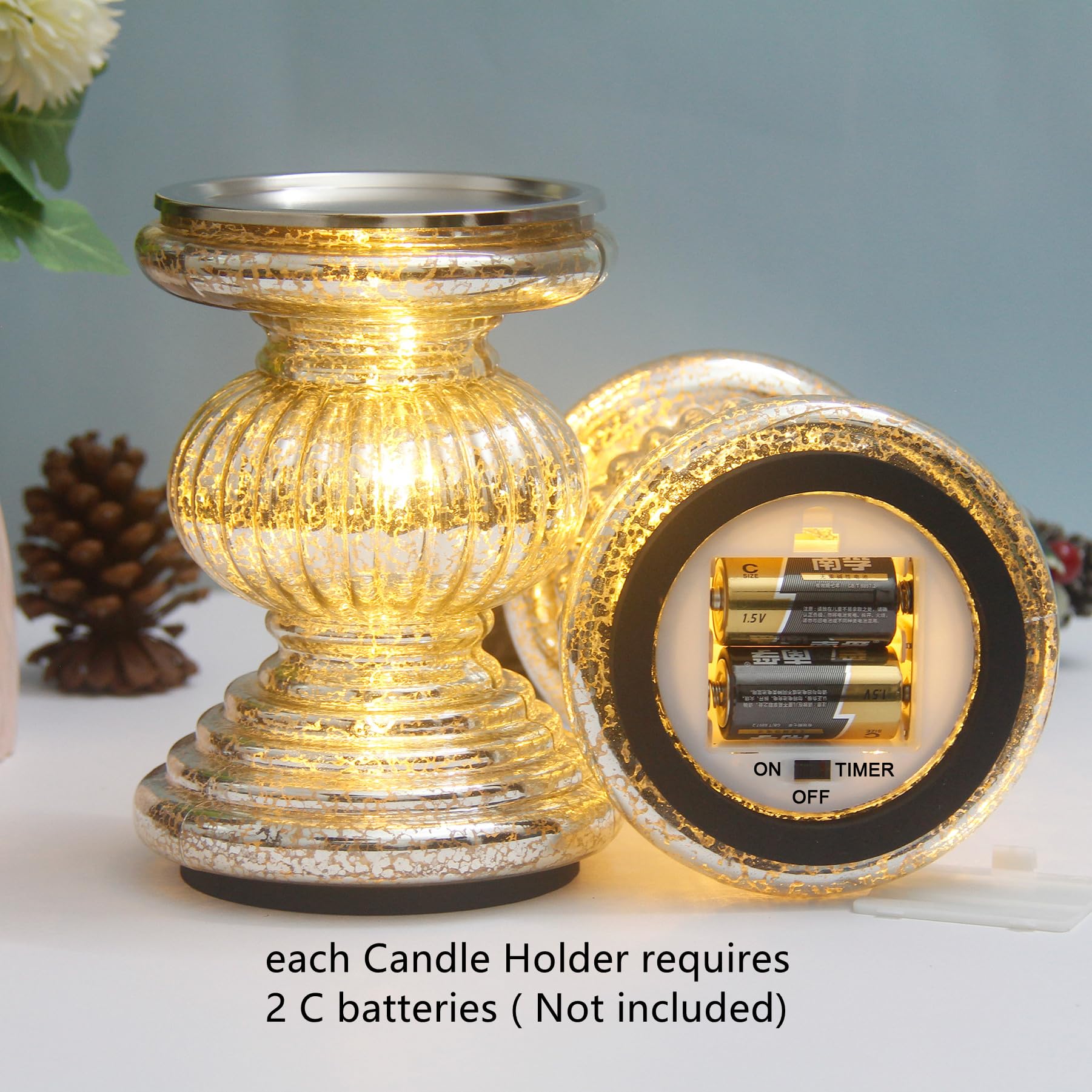 Mercury Glass Pillar Candle Holders Set of 2, with 3 LED Lights Inside ...