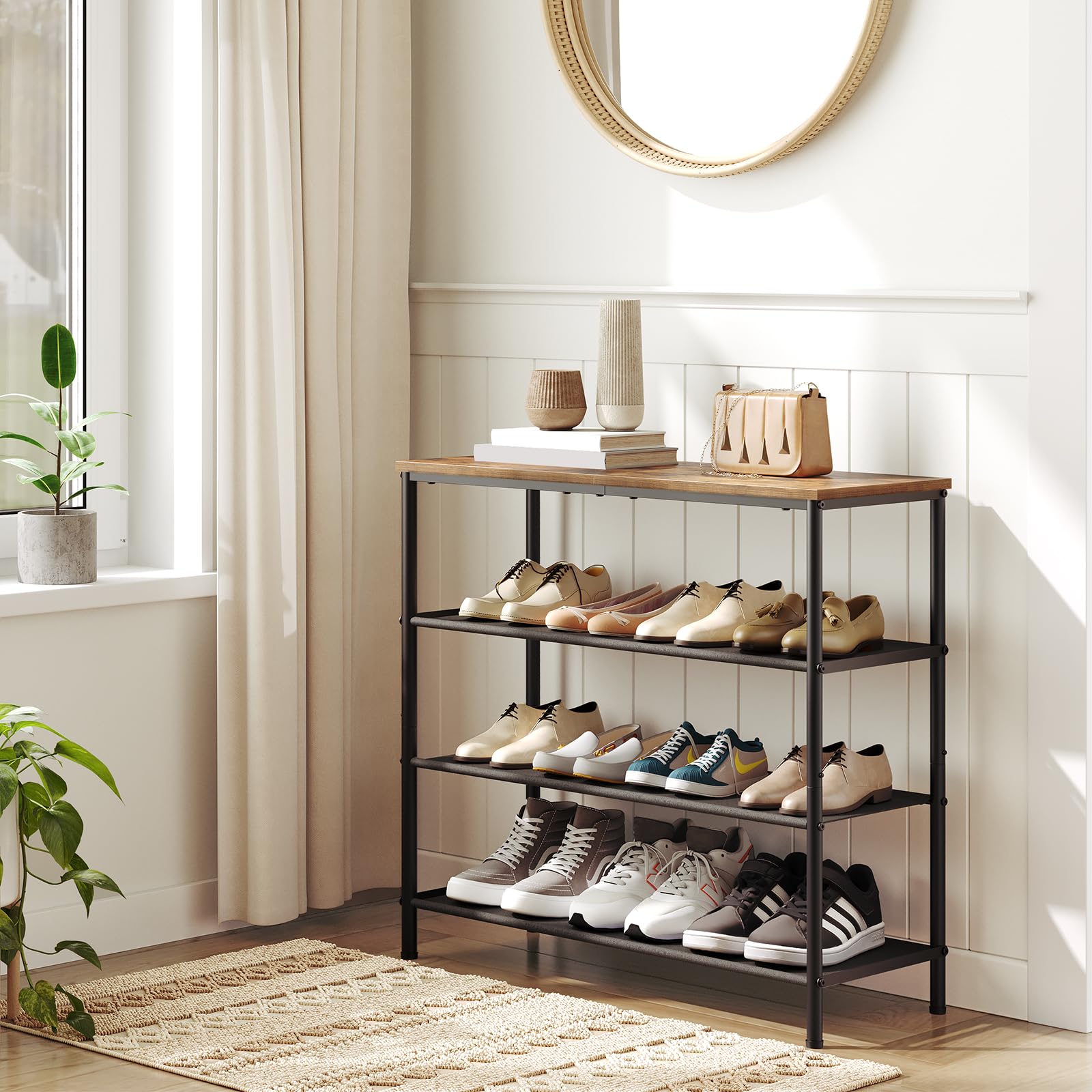 YATINEY Shoe Rack, 4-Tier Shoe Organizer for 12-16 Pairs of Shoes, Shoe Shelf with Wooden Top and 3 Non-Woven Fabric Shelves, Shoe Storage Rack for Entryway, Entrance, Rustic Brown and Black SS14BR