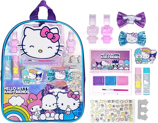 Hello Kitty and Friends- Townley Girl Makeup Filled Backpack Set with 12 Pieces, Including Lip Gloss, Nail Polish, Nail Stones and Other Accessories, Ages 3+ for Parties, Sleepovers and Makeovers