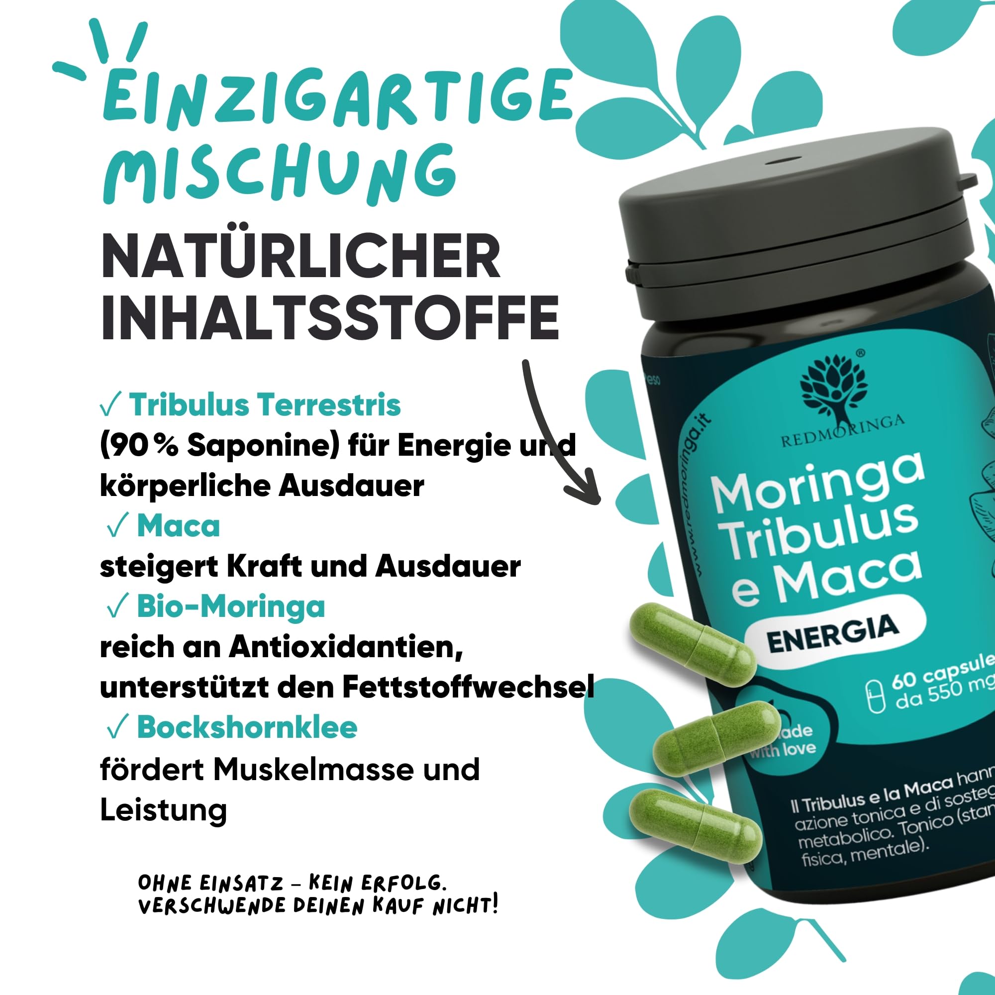 RedMoringa Tribulus Terrestris, Maca & BIO Moringa Kapseln - 90% Saponinen Kraft & Testosteron Booster - Unterstützung für Muskelaufbau & Libido | 180 Kapsel
