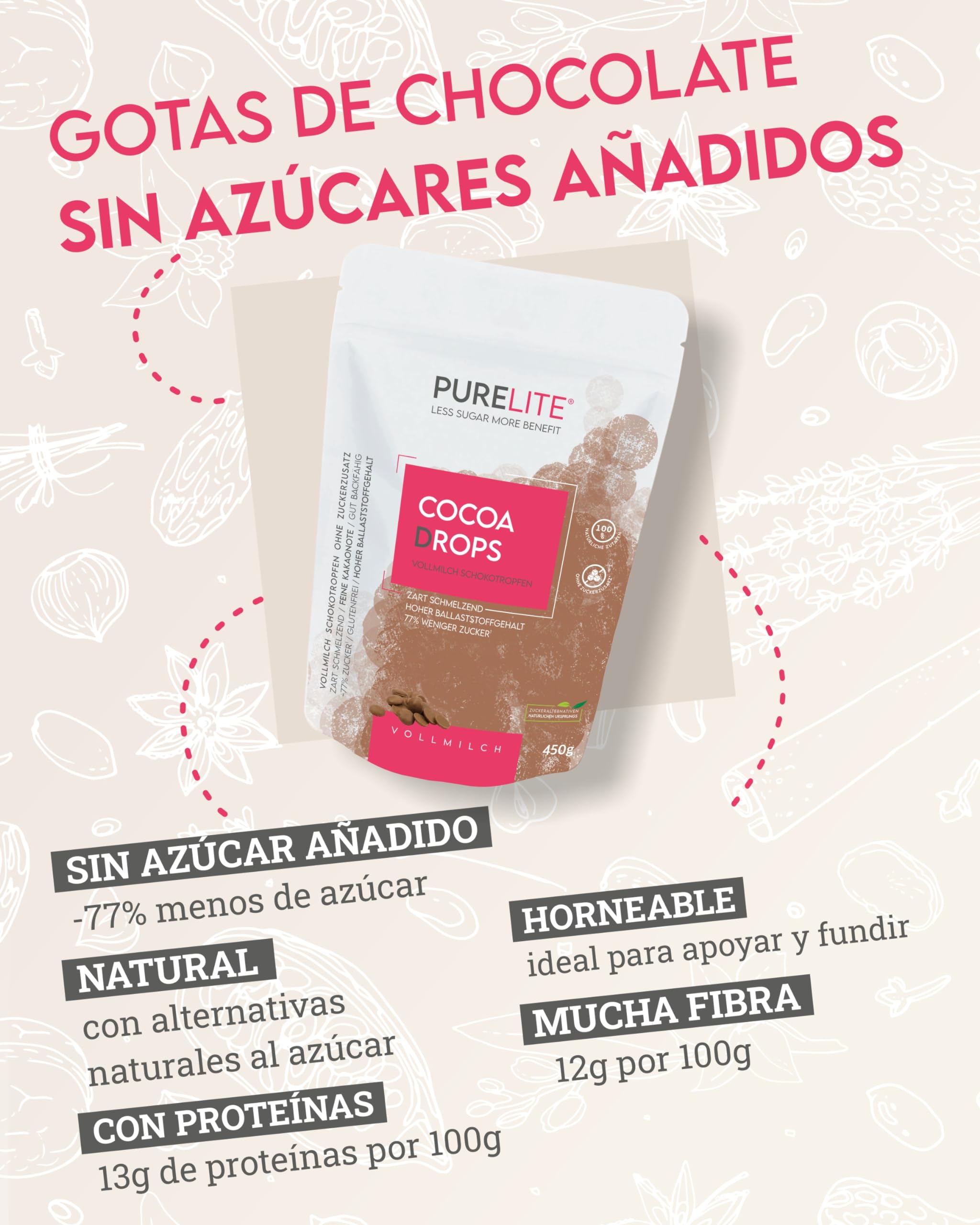 PURELITE Cocoa Drops chocolate con leche 450g sin azúcares añadidos eritritol stevia 77% menos azúcar