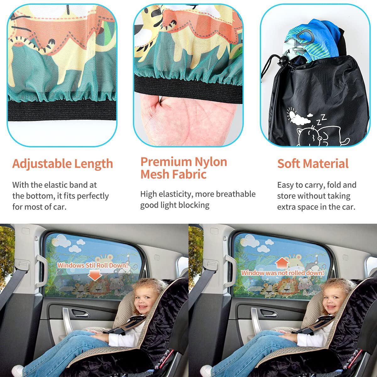 iZoeL Parasole Auto per Bambini, 2 Pezzi Finestrino Laterale, Stampa Animalier, Custodia - Calzini Senza Cuciture Universale Protezione Solare e UV