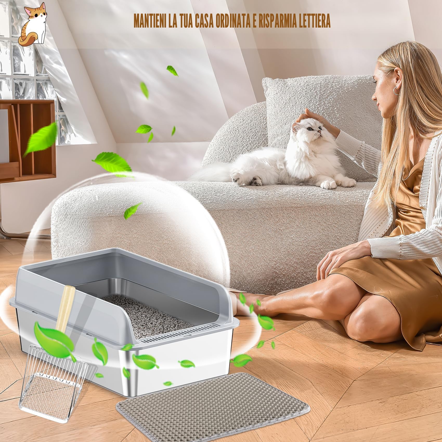 Lettiera per Gatti in Acciaio Inox, Grande, A Prova di Perdite, Facile da Pulire, Con Paletta e Tappetino, 50 x 35 x 20 cm
