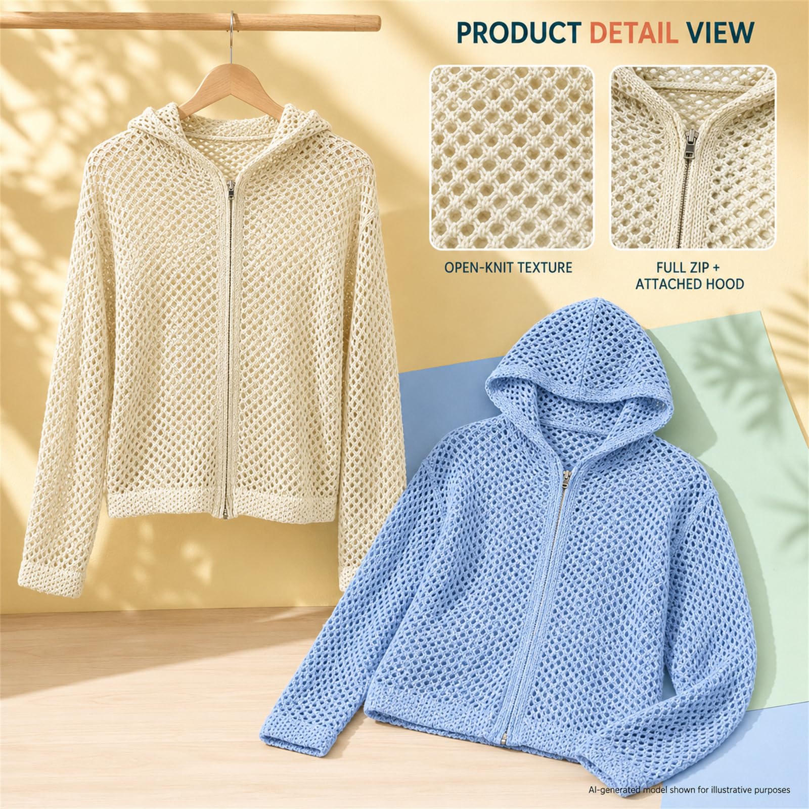 Cardigan da donna all'uncinetto con cappuccio e cerniera, leggero maglione