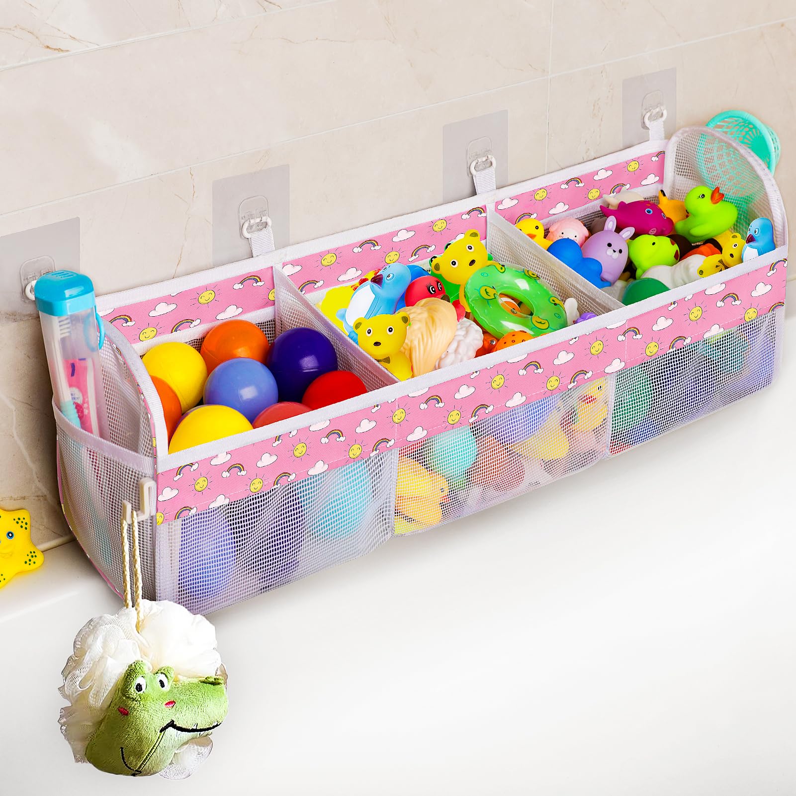 Dofilachy Bath Toy Holder-3 Compartment Bath Toy Storage Organizer-Large Capacity Bath Net for Tub Toys-Tub & Shower Organizer Net Bin-Bathtub Toy Holder for Easy Access Sorting (Pink)