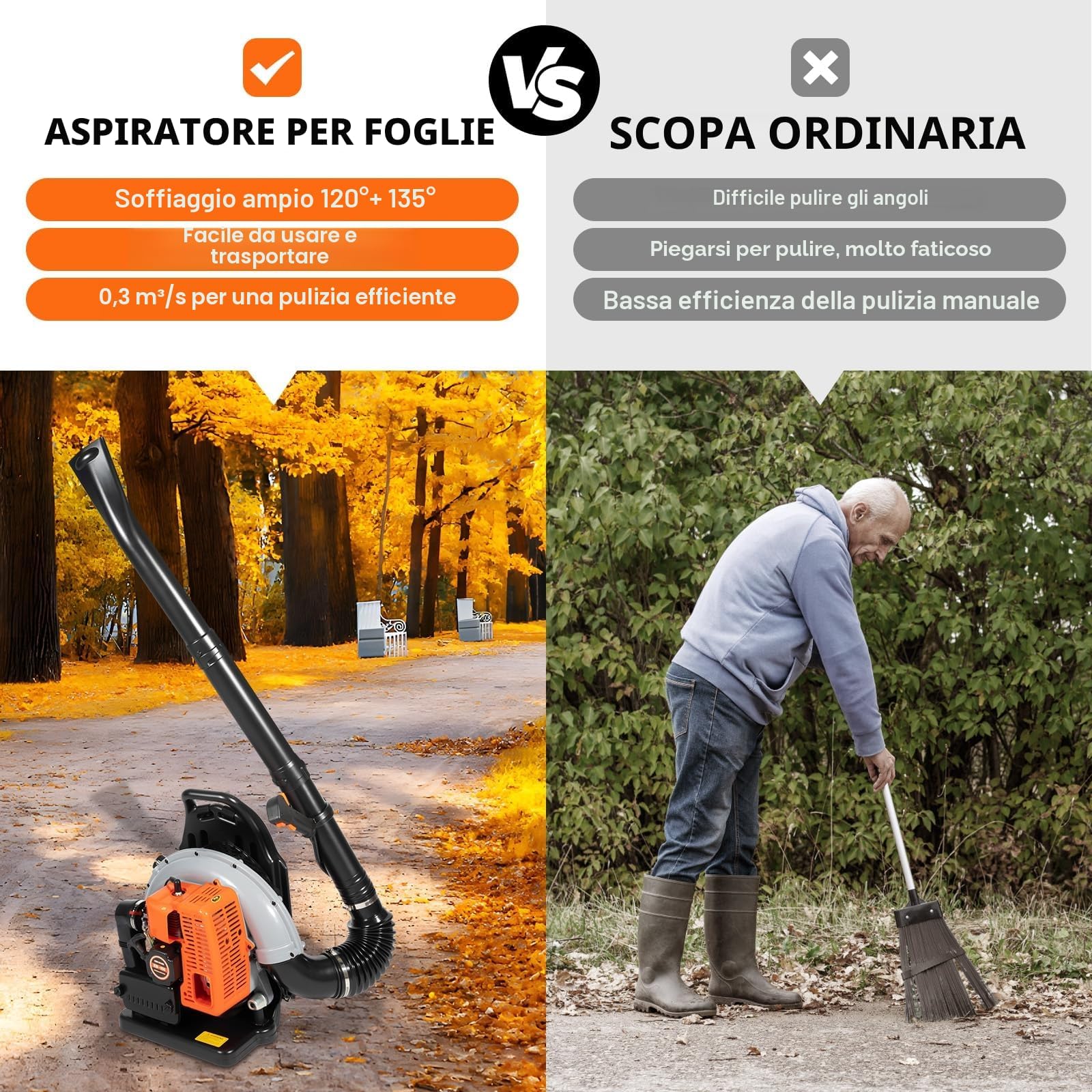 Soffiatore a Scoppio 63CC 2.7kW, Aspirafoglie da Giardino a Benzina con Tracolla Regolabile, Soffiatore a Batteria Potente Autonomia 1h, Aspiratore Foglie da Giardino 0.3m³/sec