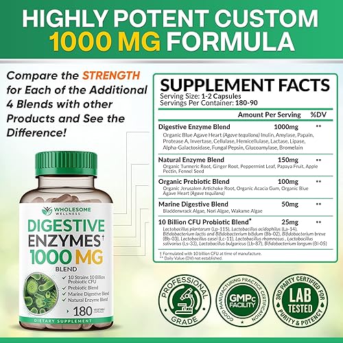 Miniatura 4 de Digestive Enzymes 1000MG Plus Suplemento de prebióticos y probióticos, 180 cápsulas, fórmula vegana orgánica a base de plantas para una mejor