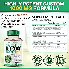 Wholesome Wellness Digestive Enzymes 1000MG Plus Prebiotics & Probiotics Supplement, 180 Capsules, Organic Plant-Based Vegan Formula for Digestion & Lactose with Amylase & Bromelain,3-6 Months Supply