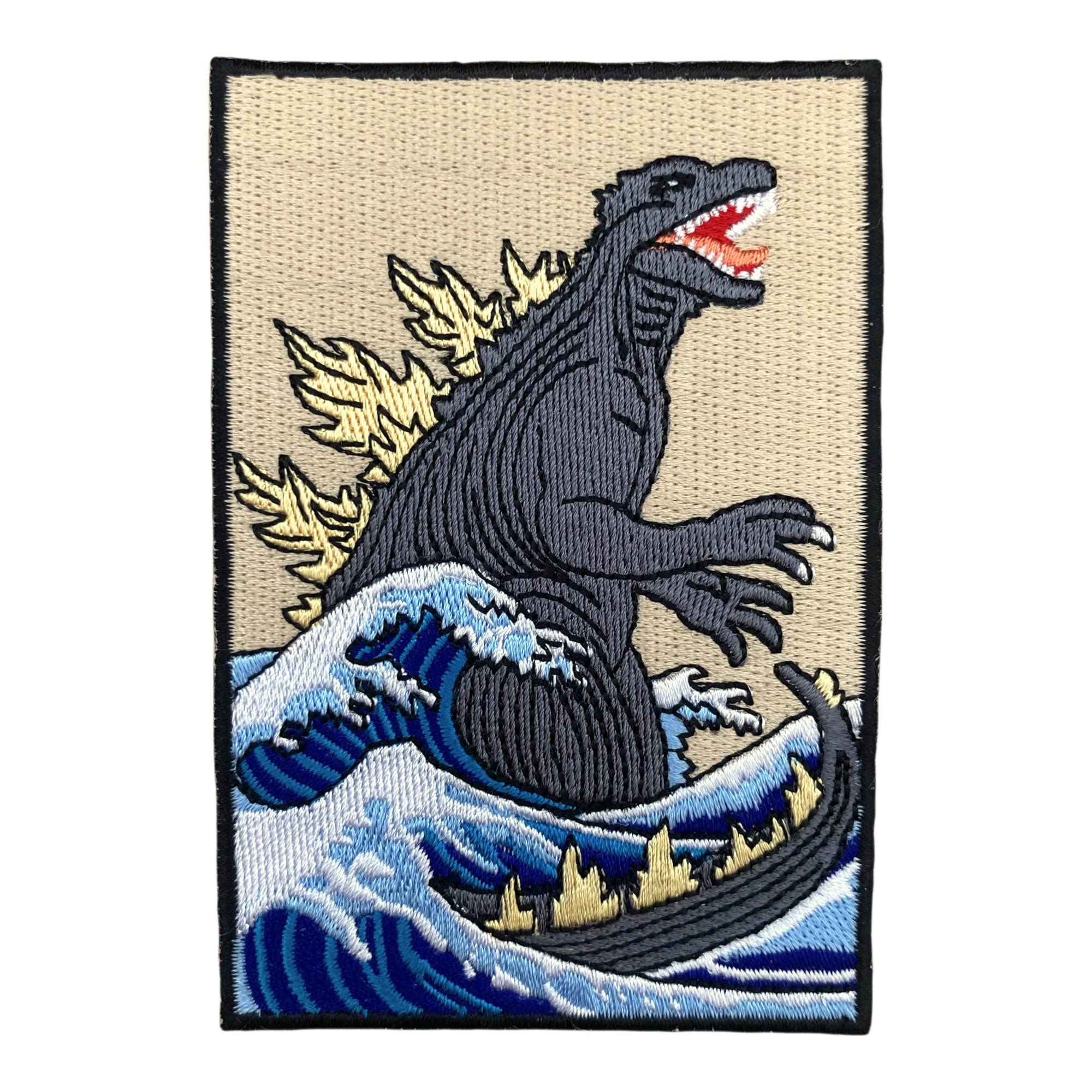 Urbanski Patch Monster and The Great Wave of Kanagawa Embroidered Iron-On Patch 10 x 6.8 cm | Sew or Iron On Applique Badge