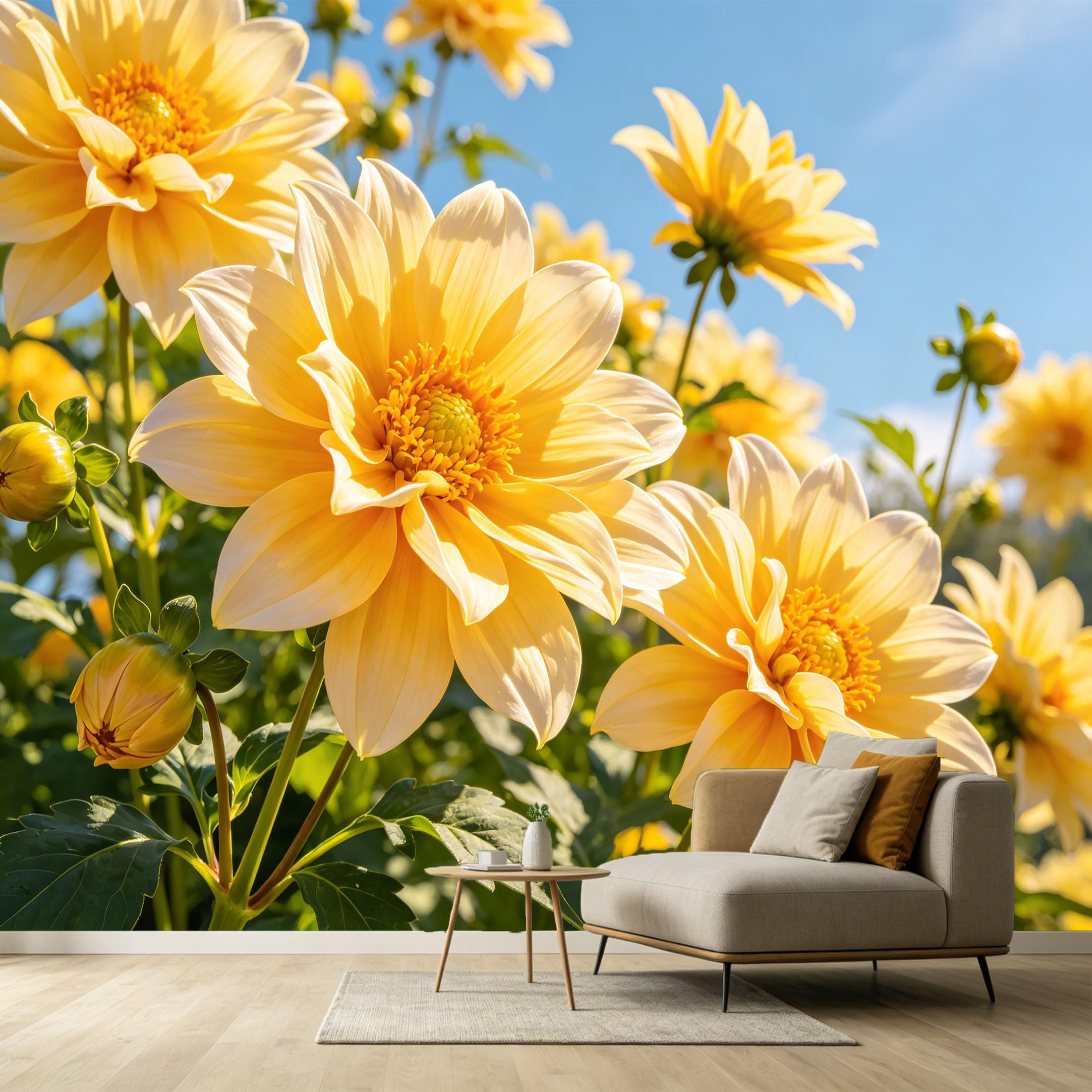 Custom Size Wall Murals Yellow Dahlia Botanical Watercolor Flowers Blooming Petals Sunny Sky SelfAdhesive Wall Fabric Removable Large Wallpaper for Photo Living Room