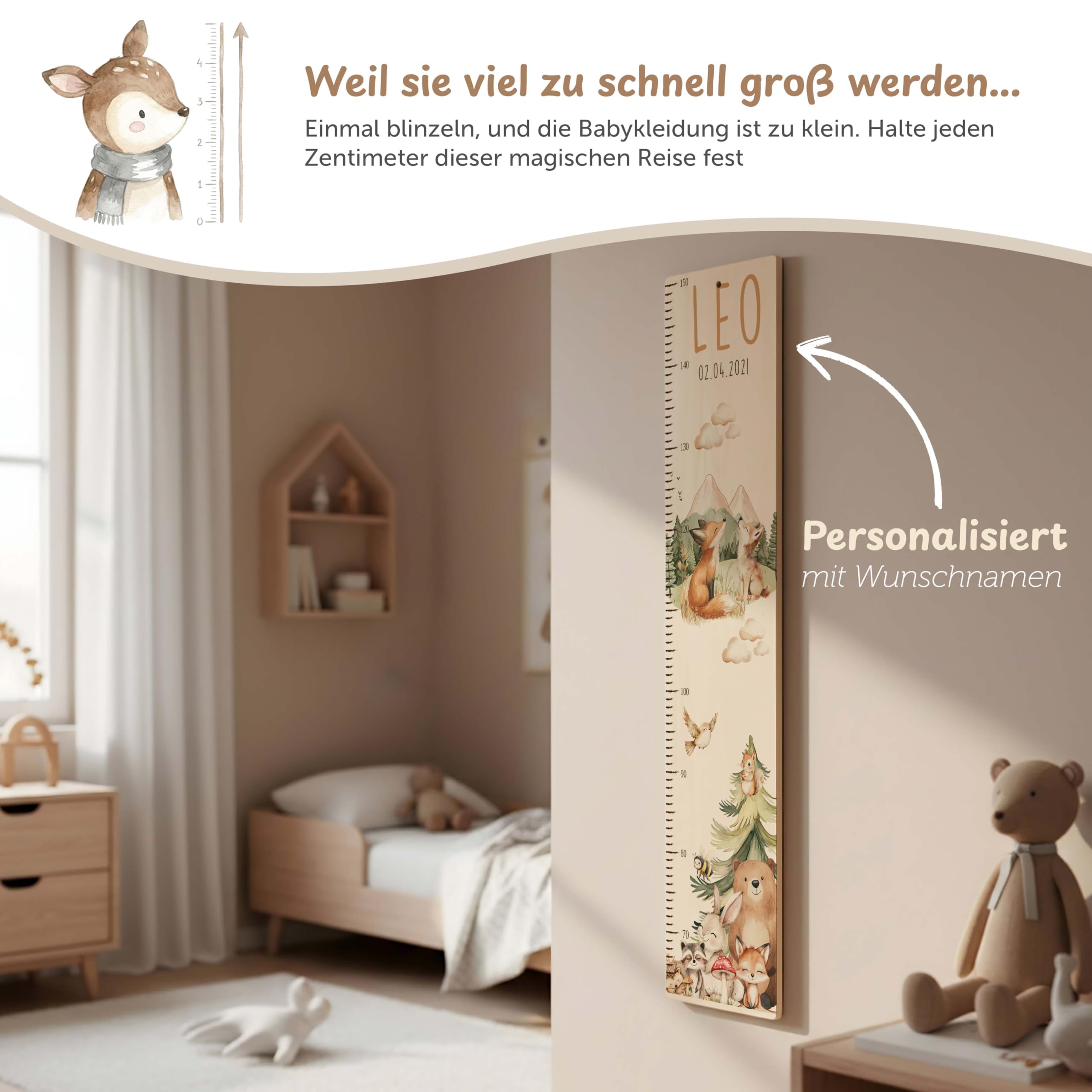 Kidsmood - Personalisierte Messlatte Kinder aus Holz – Hochwertige Messleiste & Wand-Deko für Baby- & Kinderzimmer mit abenteuerlichem Fuchs – Tolles Taufgeschenk für Mädchen & Jungen - Skala 65-140cm