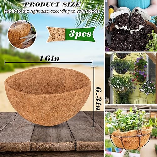 Miniatura 2 de ZeeDix Revestimientos de coco de 16 pulgadas para cestas colgantes, 3 piezas redondas de coco 100% natural, cesta de repuesto de coco para cestas